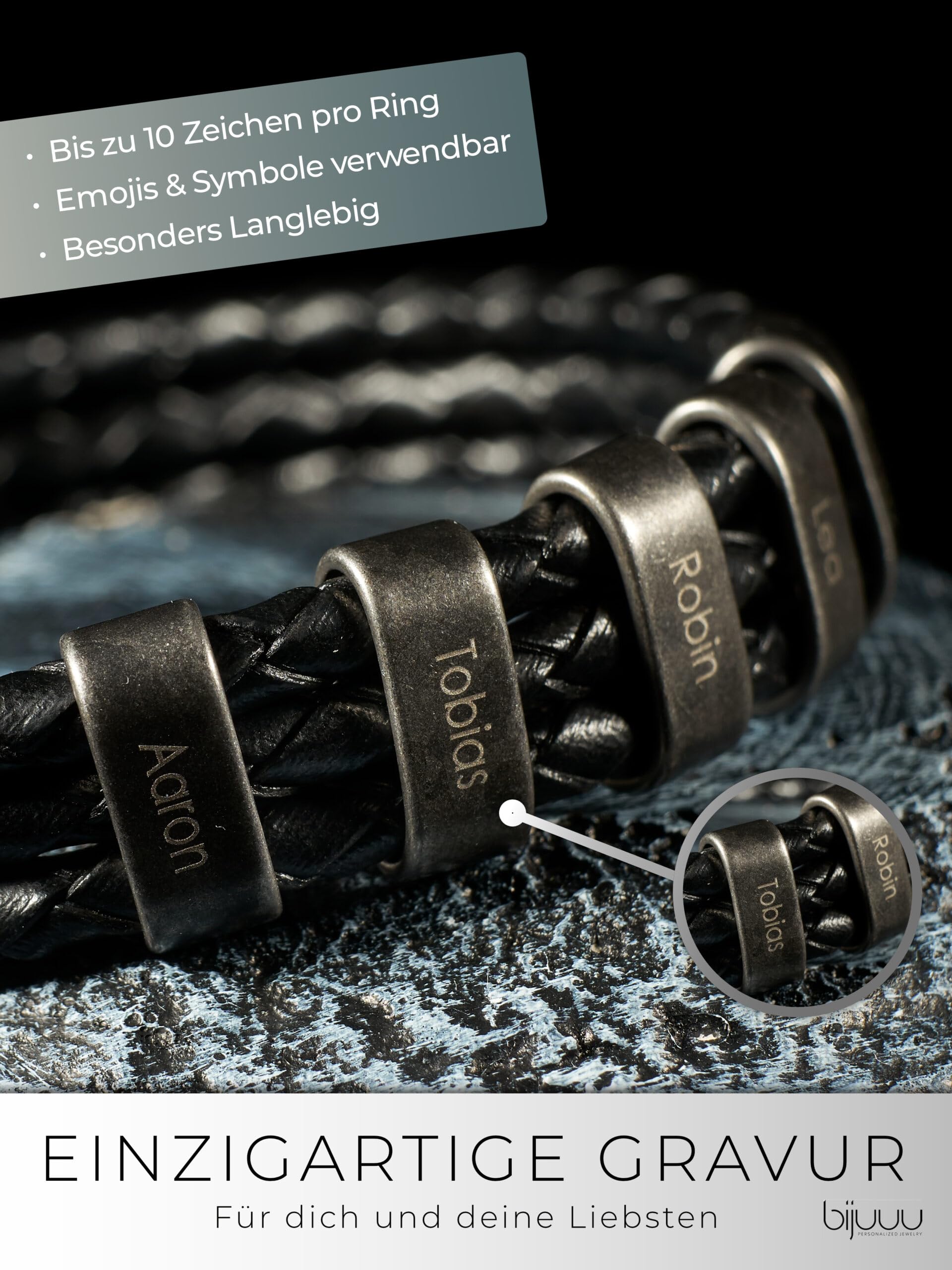 bijuuu Geflochtenes Lederarmband Herren – Echtleder Armband mit Namen – Flechtarmband aus Leder inklusive Gravur – Namensarmband personalisiert aus Rindsleder