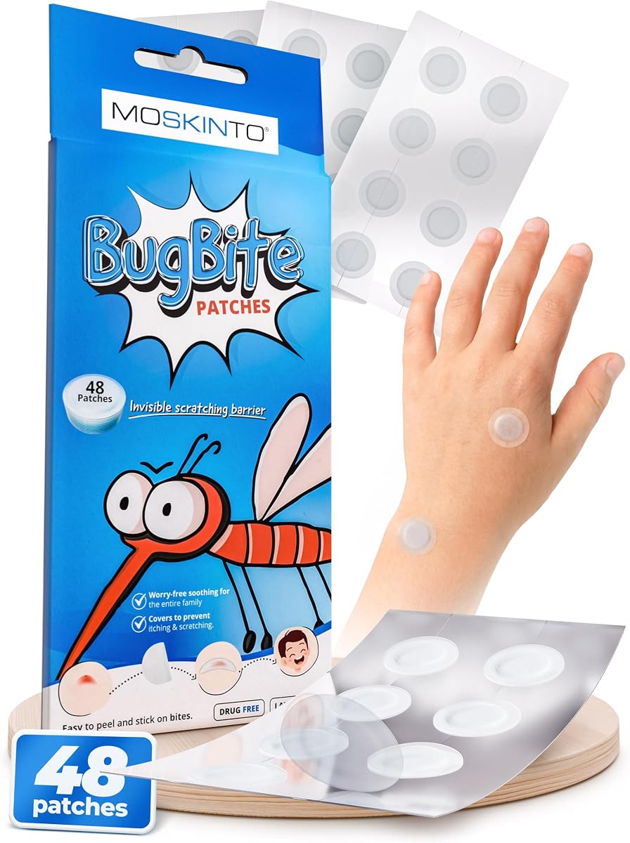 Moskinto Bug Bite Patches - Invisible Mosquito Itch Relief Stickers | 48ct | Hydrocolloid | Drug-Free, Latex-Free & Waterproof | For Kids, Babies, Adults | Anti-Itch Cream Alternative | Camp Essentials