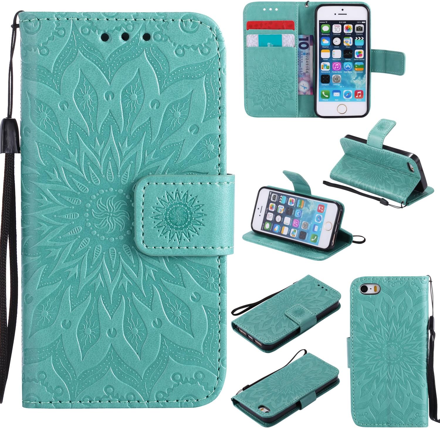 SMYTU iPhone SE Case,iPhone 5S Case Leather Wallet Phone Case [Card Holder] Magnetic Closure Stand Flip Protective Cover Case for iPhone se/5s/5 (S-Green)