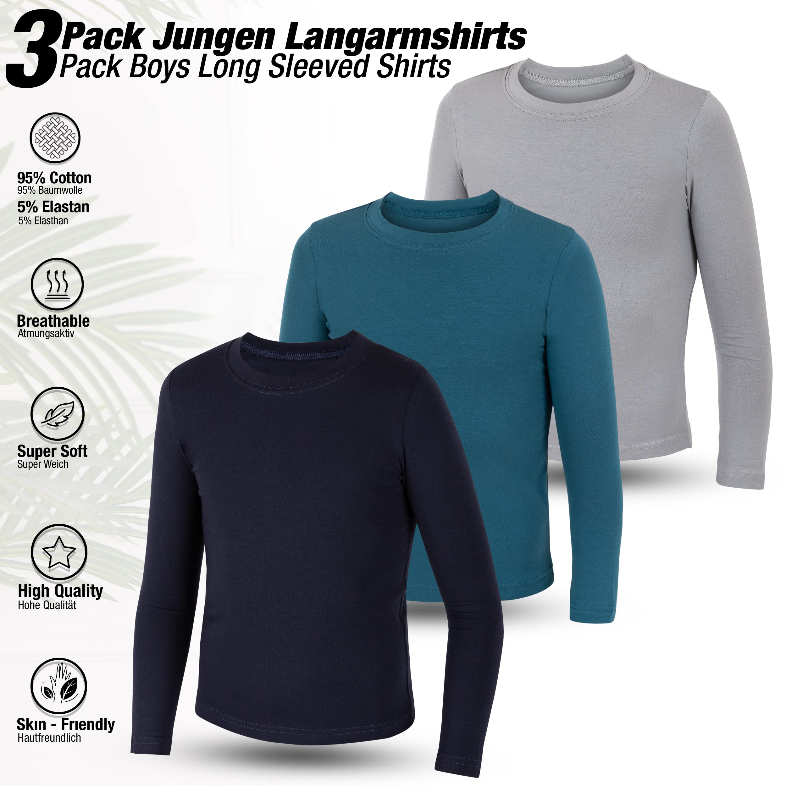 LOREZA ® 3 Niños Camisetas Manga Larga Ropa Interior Camisetas Manga Larga