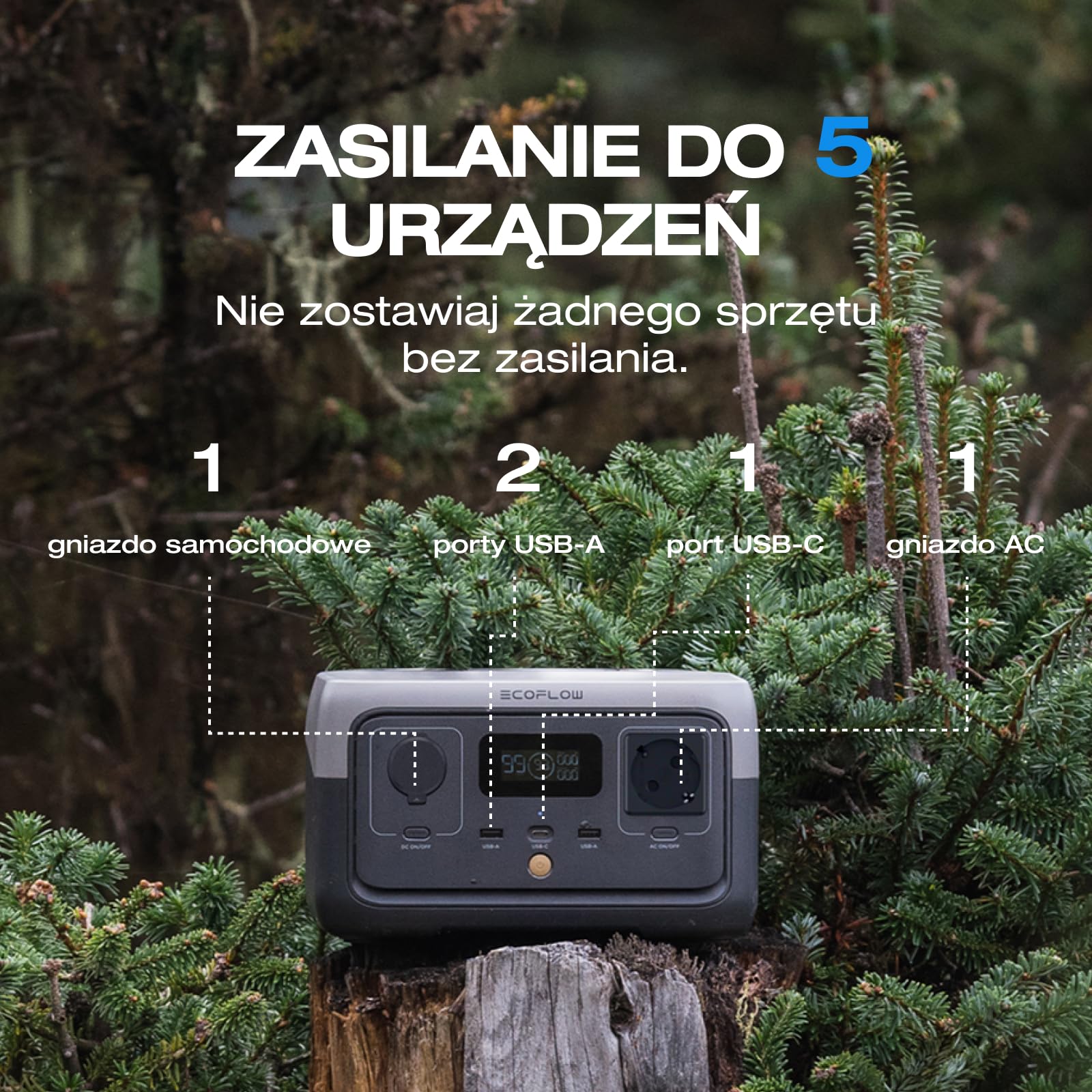 EF ECOFLOW Przenośna stacja zasilania RIVER 2, bateria LiFeP04 256 Wh, szybkie ładowanie w 1 godz., moc wyjściowa do 600 W, generator słoneczny, do użytkowania na kempingu