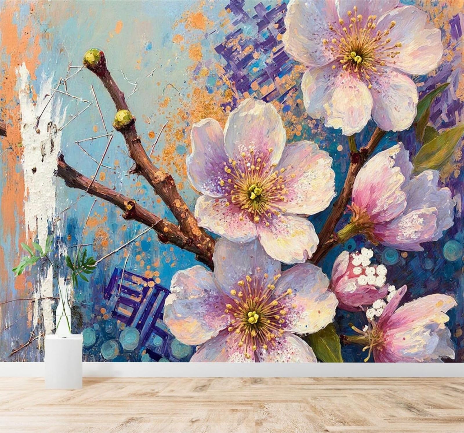 Tzxztt 250Cm×170Cm(B×H) Abstract Blue And Orange Hand Drawn Pink Cherry Blossoms Modern 3D Wallpaper Premium Textured Silk Neutral Tones Material Ideal For Living Room Bedroom-250Cm×170Cm