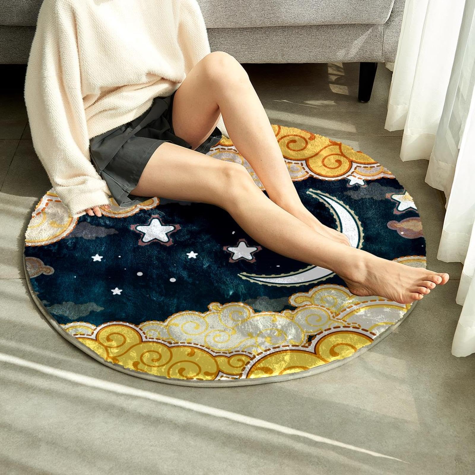 Grand tapis rond moelleux de luxe à poils longs - Tapis doux et antidérapant - Motif lune, étoiles, ciel nocturne - 100 cm - Pour chambre d'enfant