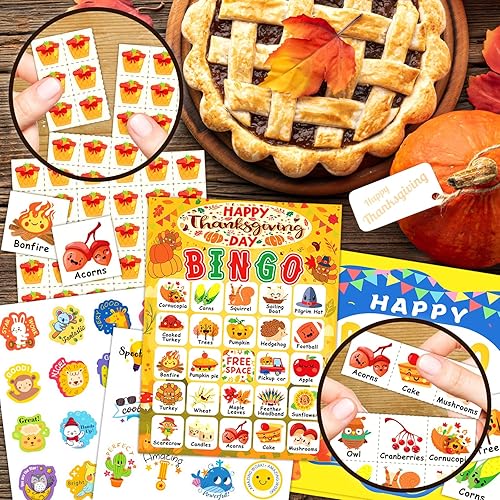 Miniatura 3 de Tarjetas de bingo de Acción de Gracias para 24 jugadores, juego de bingo de Acción de Gracias para niños con calcomanías de truco, juegos de bingo