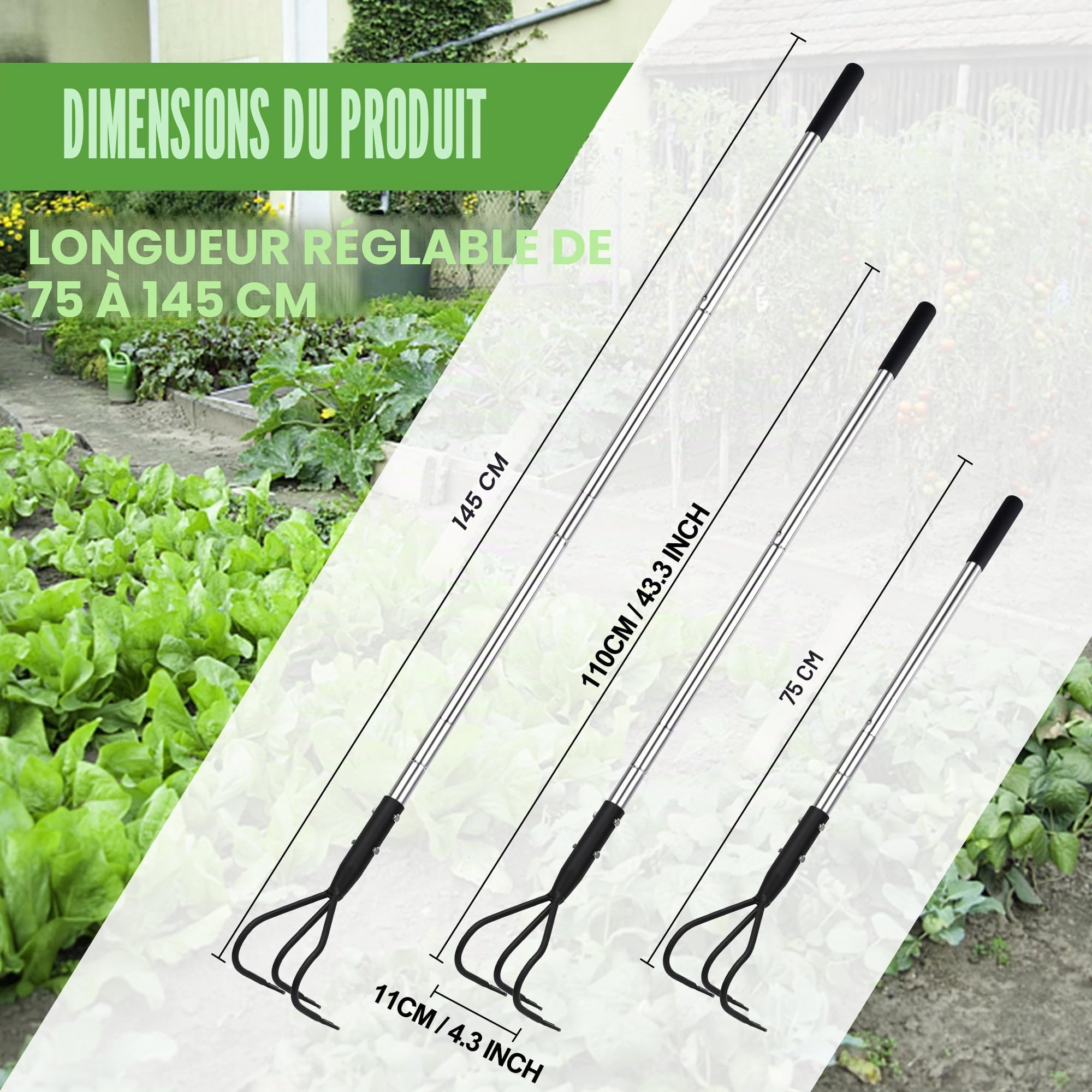 YEELOR Cultivateur de jardin multifonctionnel 3 griffes long manche poignée réglable 140 cm outils de désherbage ameublissement sol