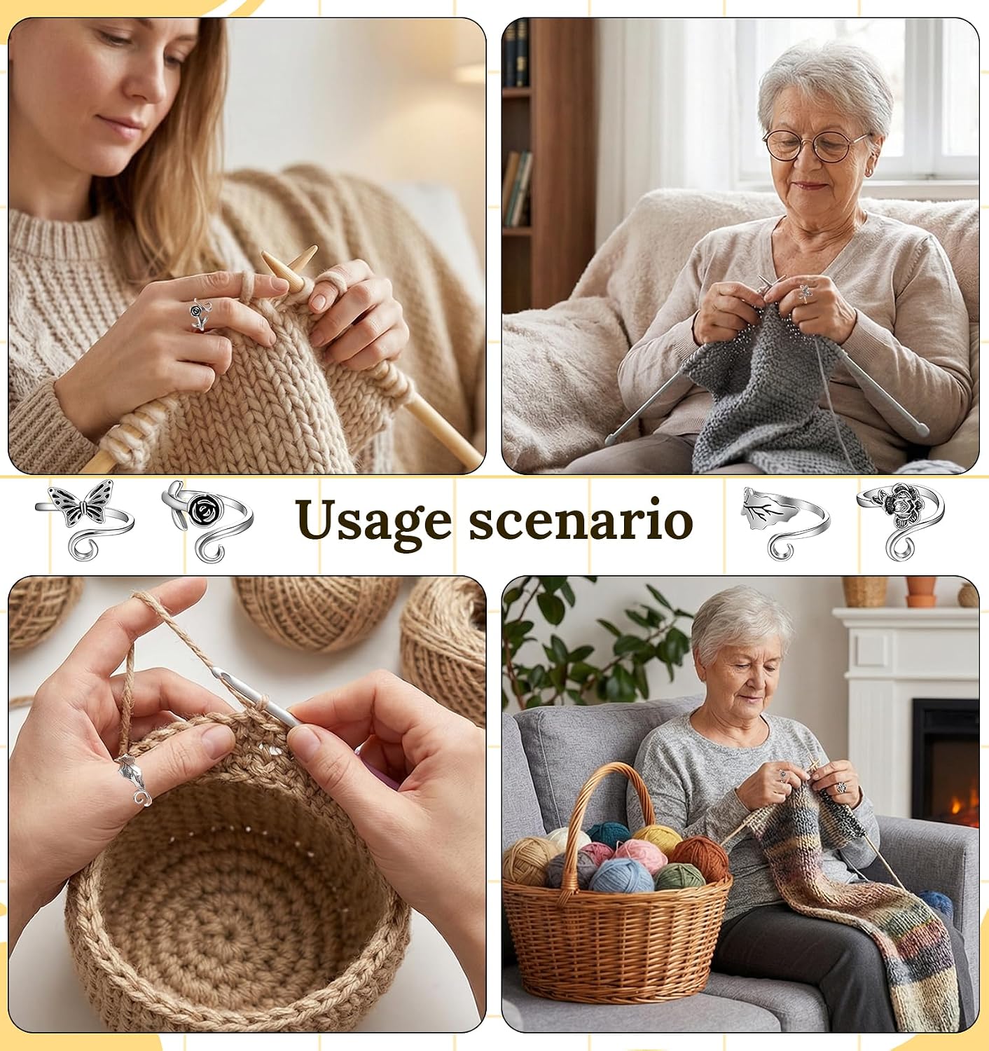4 Pcs Crochet Rings for Fingers, Adjustable Crochet Rings for Tension