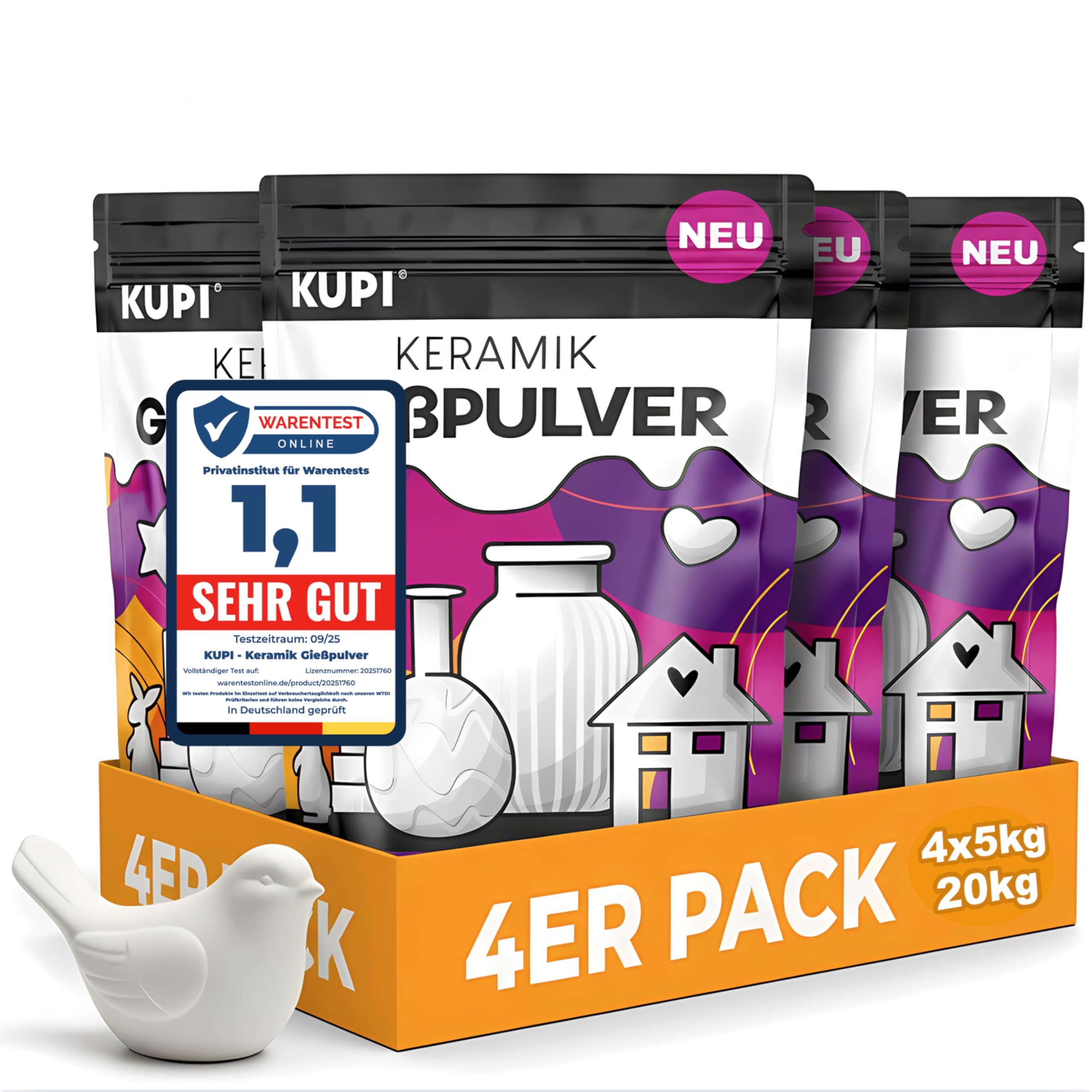 KUPI Keramik Gießpulver Weiß 5kg | Gips zum Gießen Lufthärtend & Geruchlos | Gießmasse für Silikonformen | Reliefgießpulver Keramikpulver Gipspulver