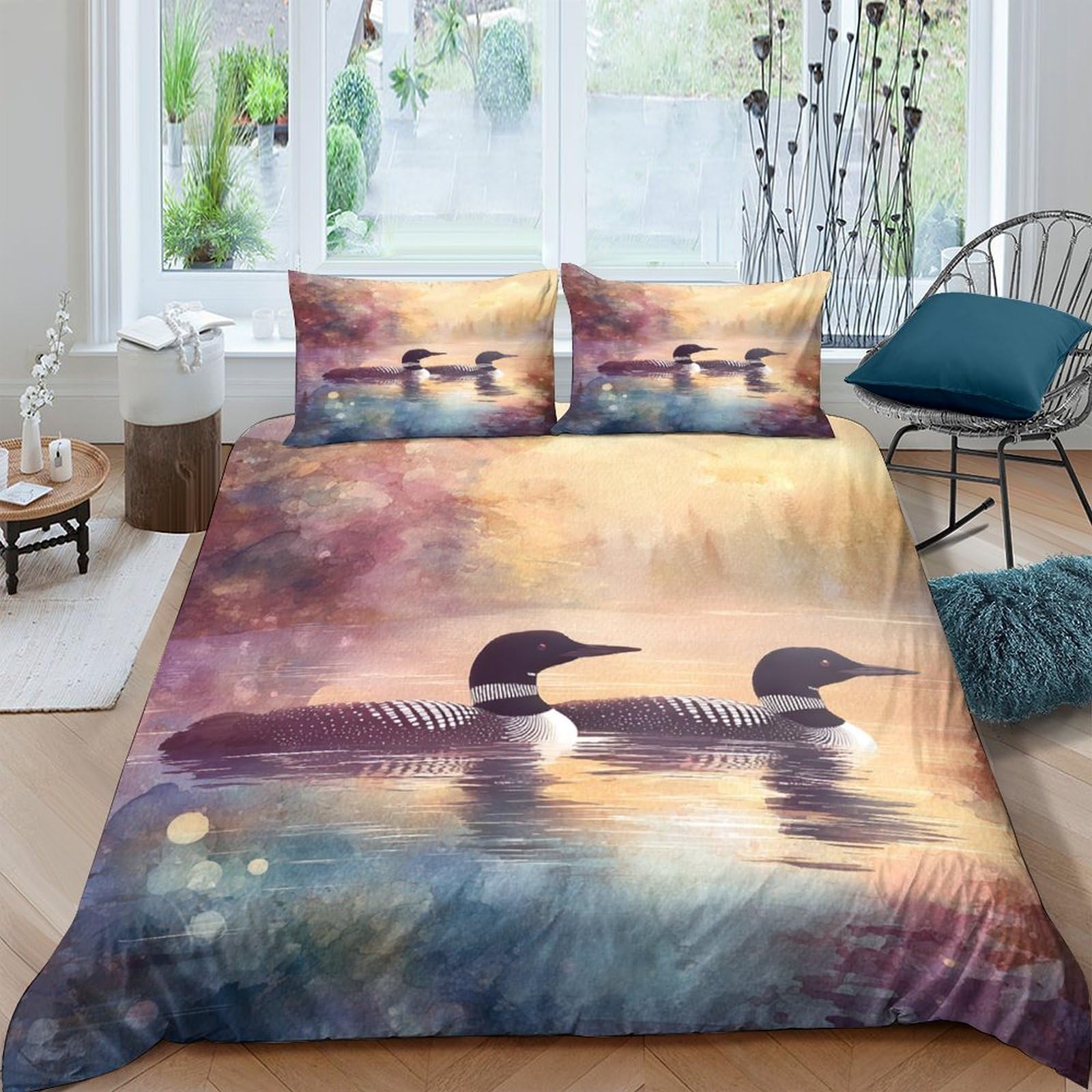 Ctjqhvkz Style-7 3D Printed Loon Lake Sunset Fitted Sheet Microfiber Soft Anti-Slip Decor Forest Water Mattress Cover Bedroom Single（135X200cm）