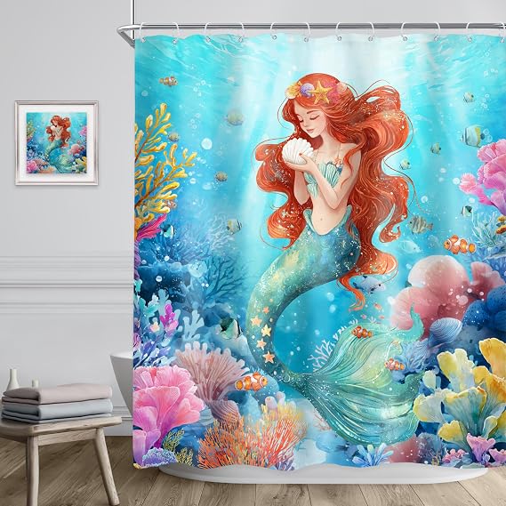 Mermaid Kids Marine Ocean Girls Blue Bathroom Shower Curtain Set | 60W x 72L shower curtain, Red Nautical: HD waterproof print, quick-dry cloth, free hooks for easy installation.