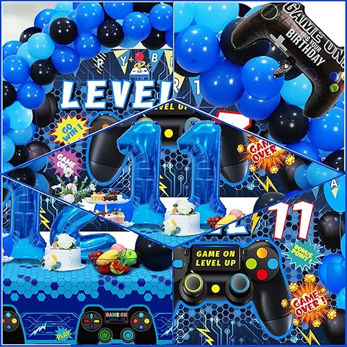 Miniatura 4 de Vlipoeasn Juego de 90 decoraciones de fiesta de videojuegos para niños, color azul, suministros de cumpleaños número 11, telón de fondo de