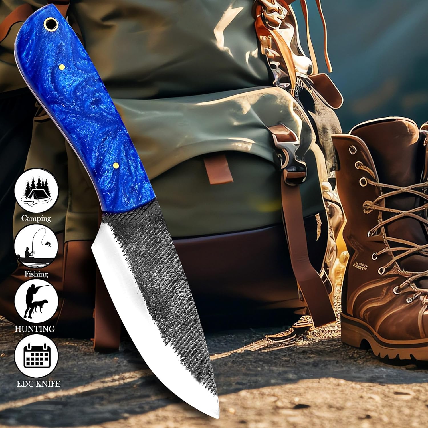 Fixed Blade Knife, 8" Carbon Steel Fixed Blade Hunting Knife Resin Handle with Leather Sheath, Survival Camping Knives GK-701 Gift for Skinning (Blue)