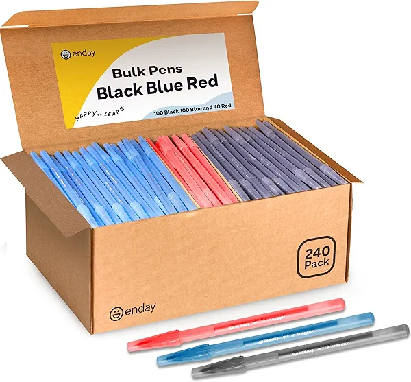Enday Ballpoint Pens Bulk Blue, Black, and Red Pens (240 Pack) 100 Black & 100 Blue & 40 Red - Medium Point (1.0mm) Flexible Round Barrel For Writing Comfort, Pens Bulk for School, Home and Office.