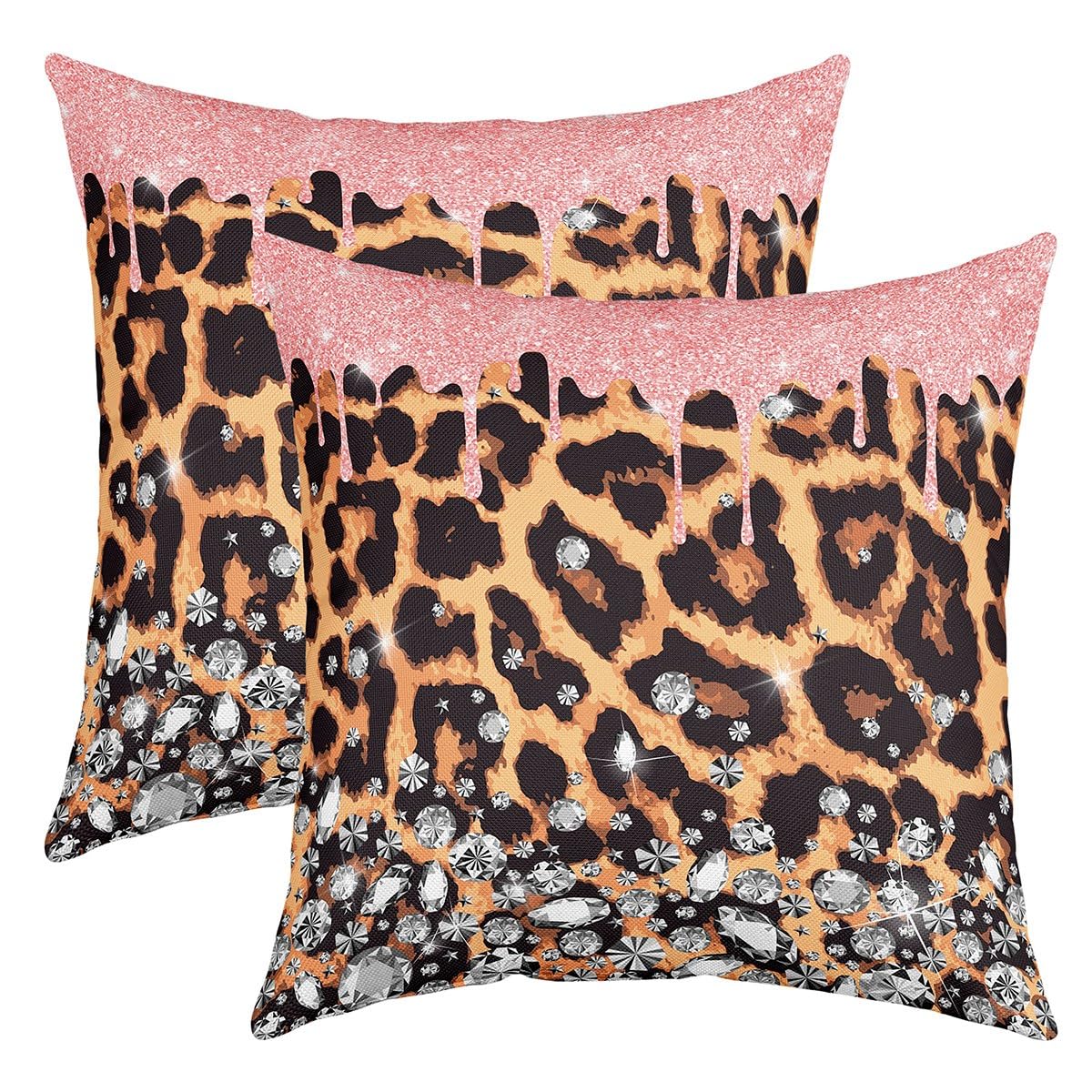 Richhome Multi 03 Leopard Print Pillow Covers For Couch Set Of 2,Girly Pink Sequin Print Retro Wild Animals Skin Pillow Cases Cushion Covers 18"X18" For Kids Adults,Luxury Diamond Square Cushion Cases Set For Bedroom