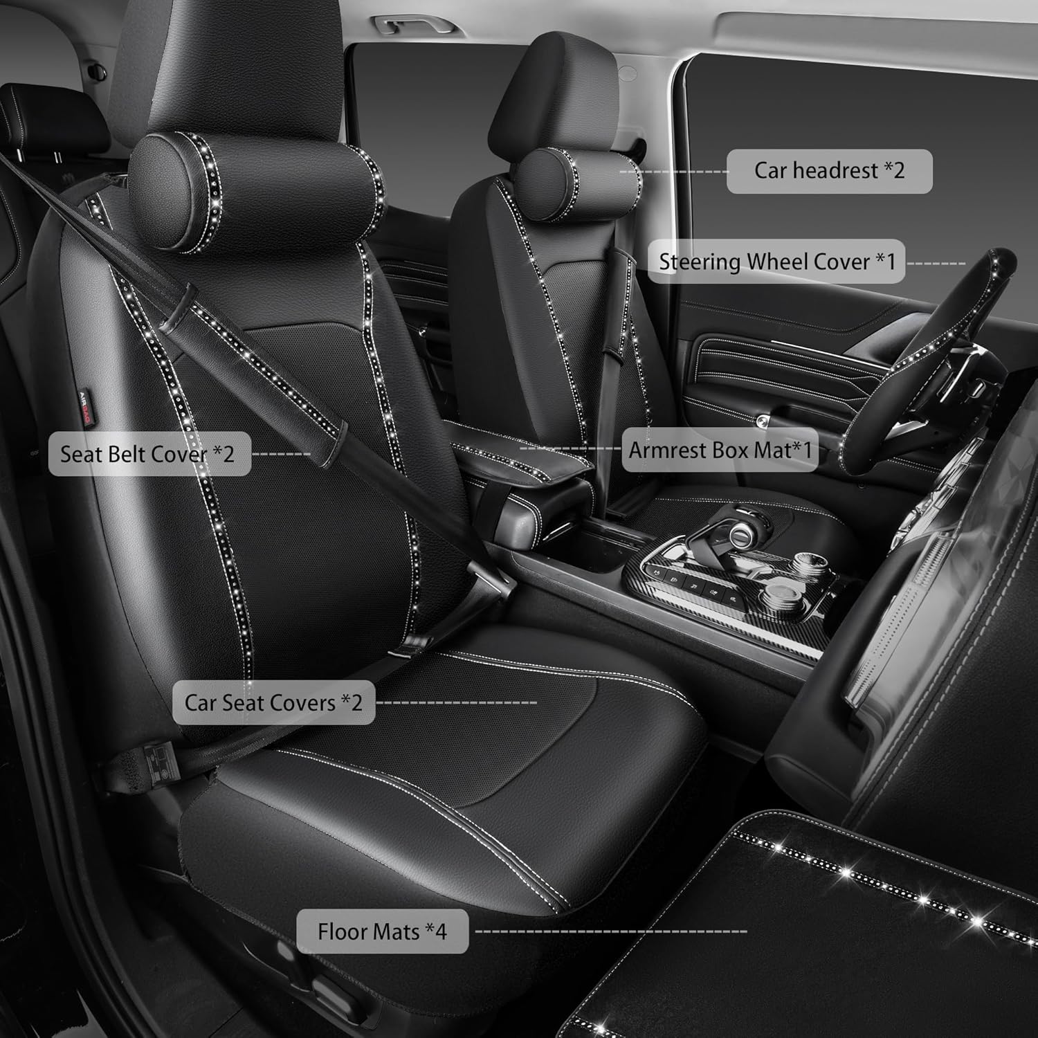 CAR PASS 14 PCS Bling Diamond Car Accessories Set for Women, Leather Seat Covers Front Seats Sparkly Rhinestone 15'' Steering Wheel Covers Shining Diamond Car Floor Mats Cute Interior Sets, Silver - Image 9