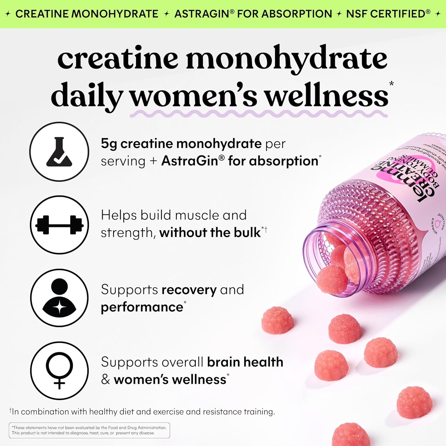 Lemme Creatine Monohydrate Gummies for Women and Men, 5g Dose to Support Lean Muscle, Strength, Recovery, Cognitive Health, w/Ginseng for Absorption, Sour Strawberry, NSF Certified, 60 Gummies - Image 2