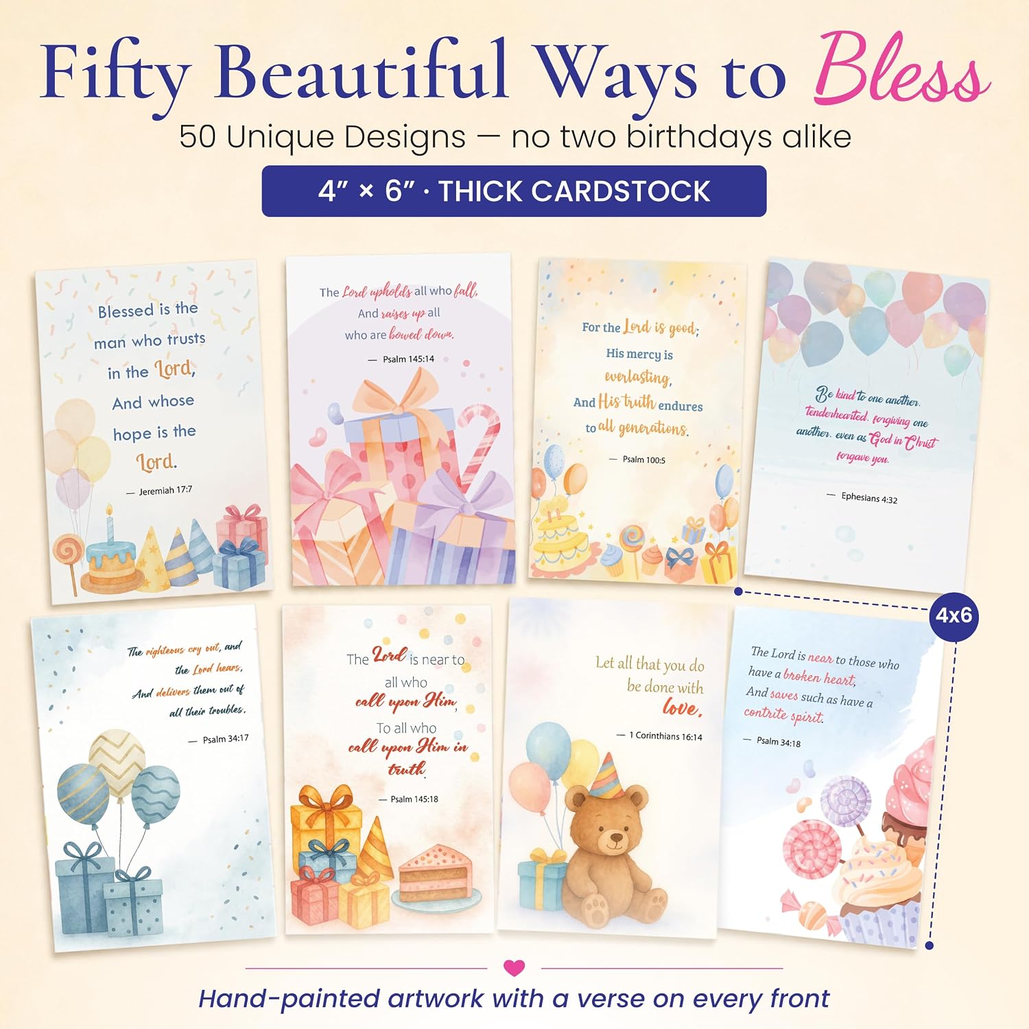 50 Unique Religious Birthday Cards with Envelopes - 4 x 6