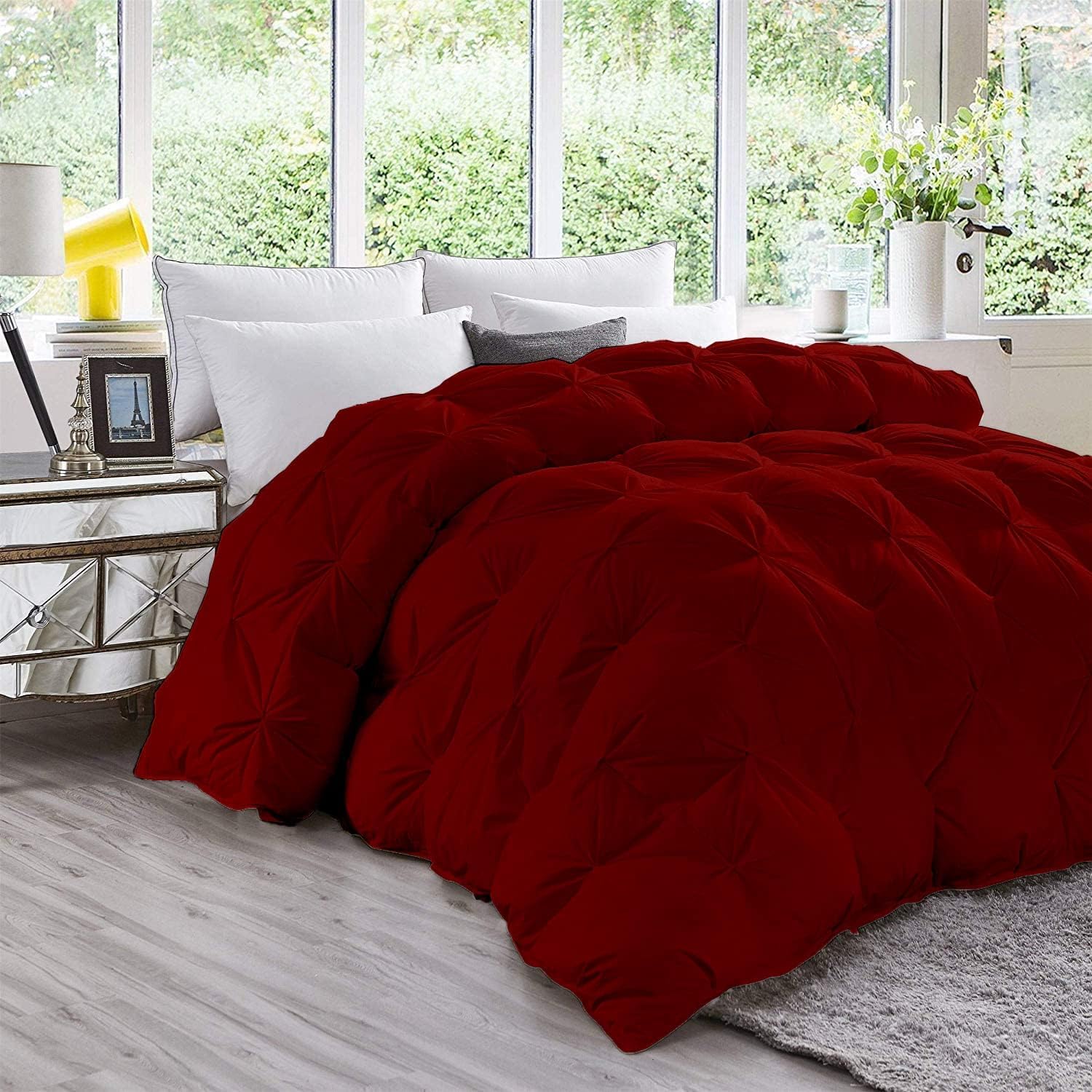 Summer Quilted 1400-TC Pinch Pleated Down Alternative Comforter Super King 98x108 inches 1-Piece All-Season Duvet Insert, 850 GSM Micro Fill With All Side Corner Tabs 100% Egyptian Cotton-Burgundy