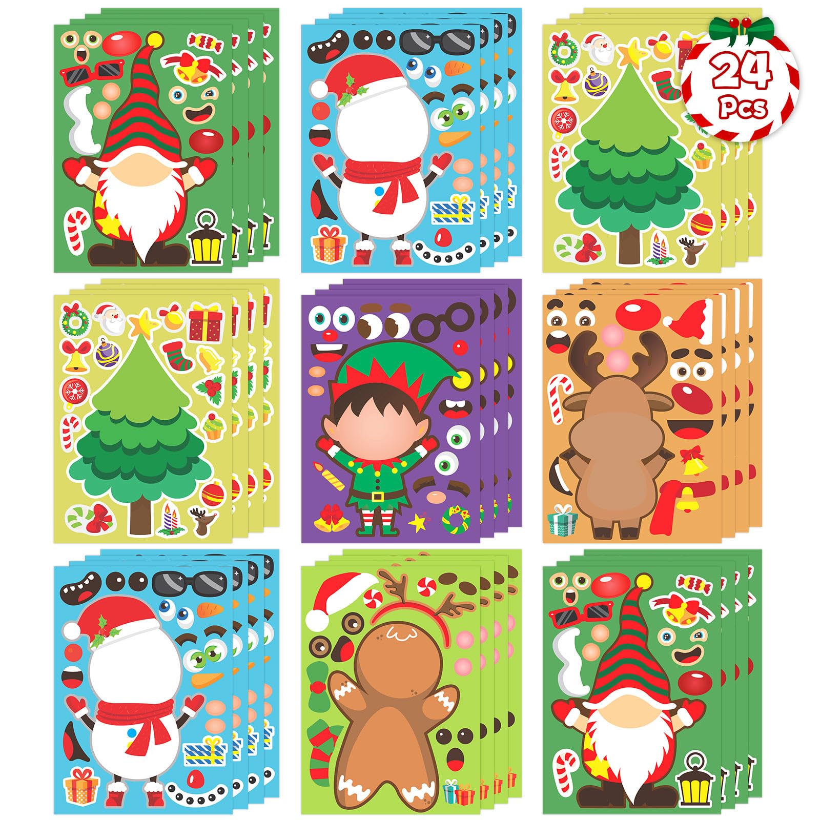 24 Sheets Christmas Stickers for Kids, Christmas Crafts Party Favors Activities, Make a Face Stickers Make Your Own Sticker Games Stocking Stuffers Goodie Bag Xmas Holiday Sticker