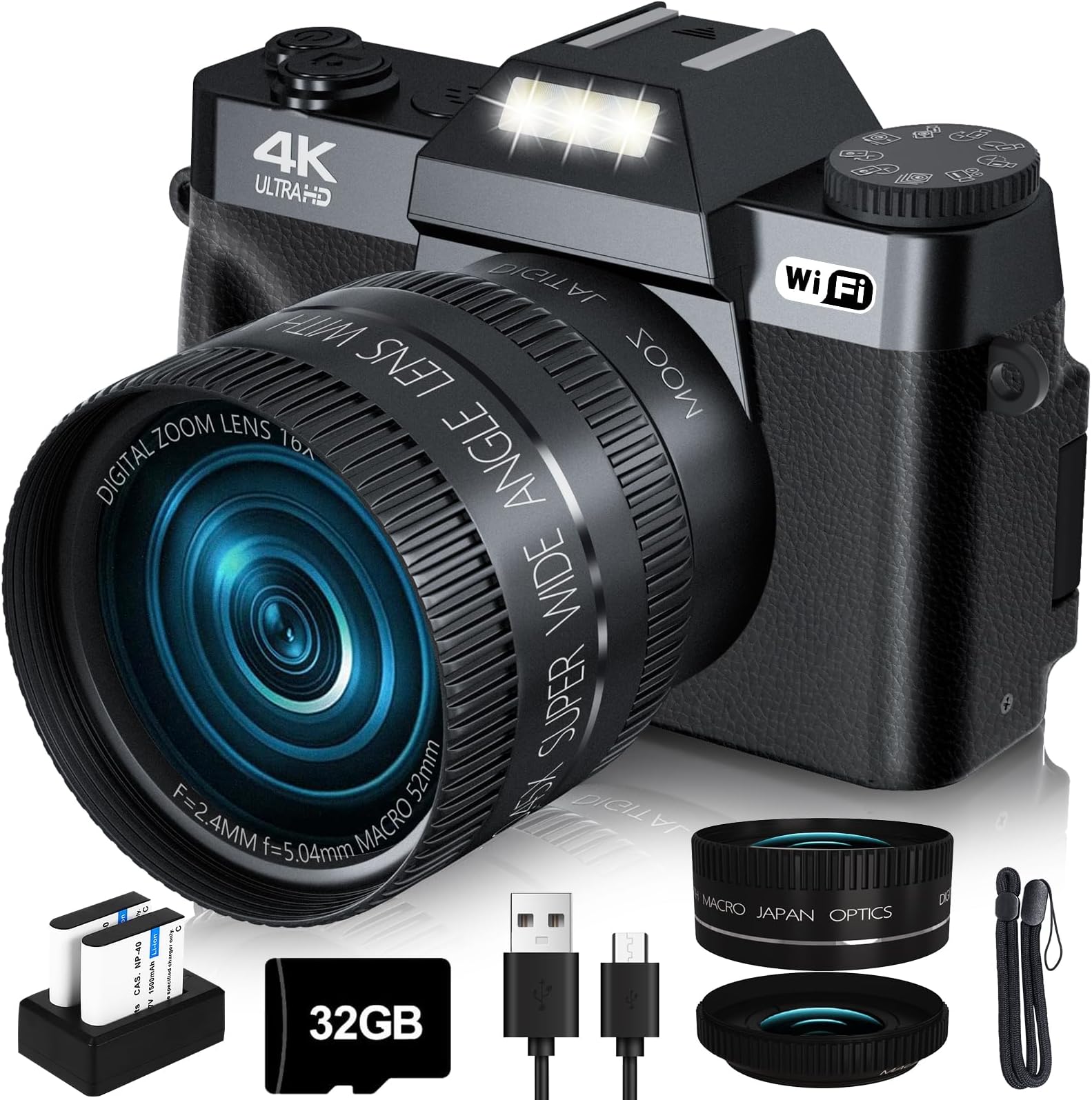 VJIANGER 2025 Upgrade 6K Digital Camera for Photography, 64MP Vlogging Camera for YouTube with WiFi, 180° Flip Screen, 16x Digital Zoom, 52mm Lens, 32GB Micro SD Card, 2 Batteries