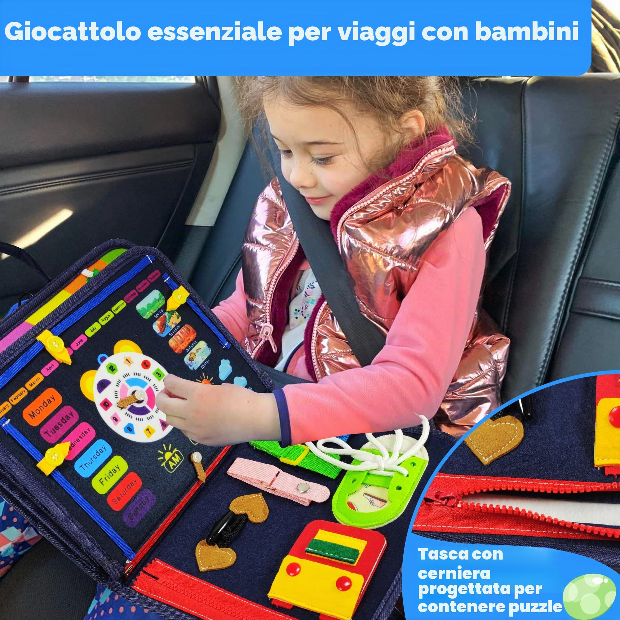 TenFans Busy Board – Giocattoli Montessori per 1 2 3 anni – Giocattoli sensoriali – Regali per ragazzi per imparare a motorizzare – Attività educative giocattolo da viaggio per auto e aereo