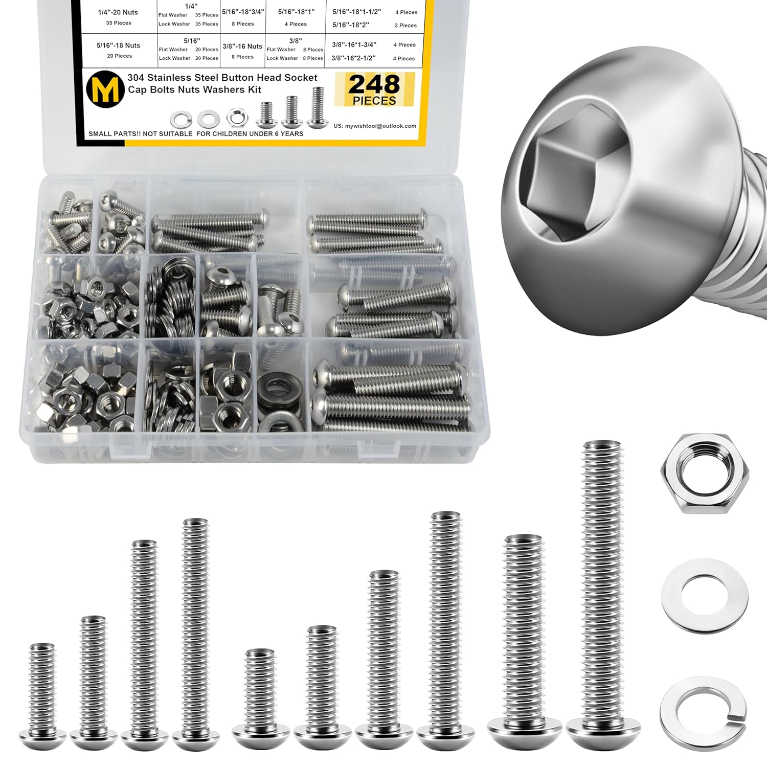 Mywish 248Pcs Nuts and Bolts Assortment Kit, 1/4-20, 5/16-18, 3/8-16 Bolt, 304 Stainless Steel Button Head Socket Cap Assorted Nuts and Bolt, Bright Finish Nut and Bolts