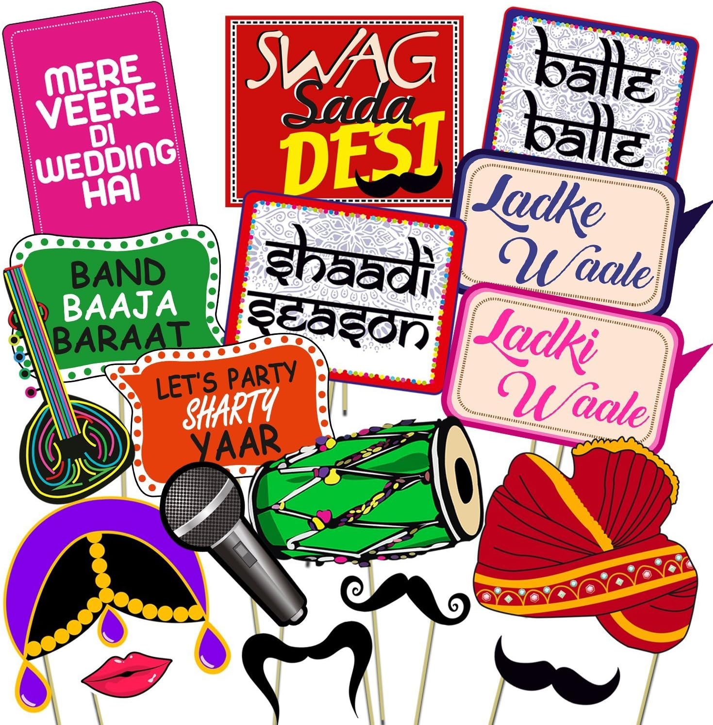 Set of 17 Pieces Wedding Photo Booth/Mehandi Props/Sangeet Props/Bachelorette Props