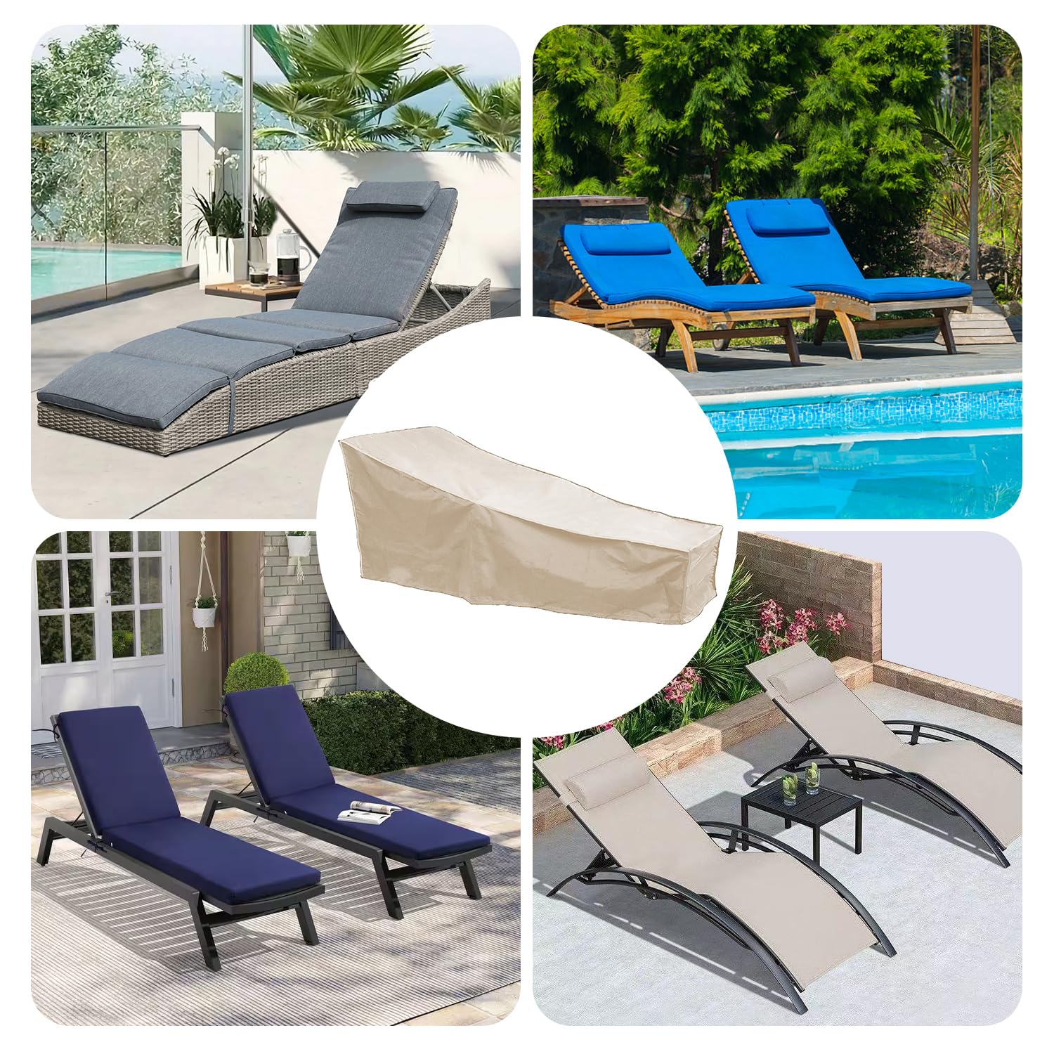 Copertura per Chaise Longue da Giardino, 208 x 76 x 41 cm Coperture per Lettini Prendisole Impermeabile Resistente al Vento Coperture per Chaise Longue per Patio Esterno (Beige*2)