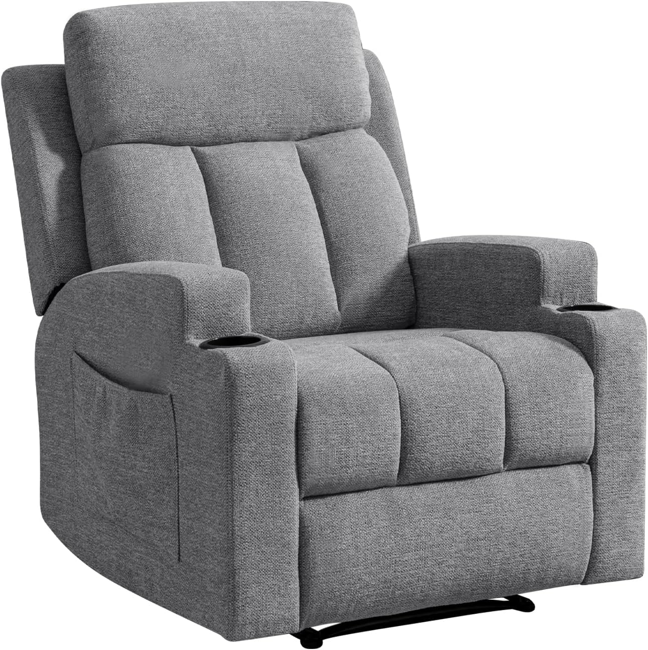 EBELLO Manual Recliner Chair with Massage and Heat, Overstuffed Breathable Fabric Reclining Sofa with 2 Side Pockets, 2 Cup Holders, Remote Control, Living Room, Bedroom, Light Grey