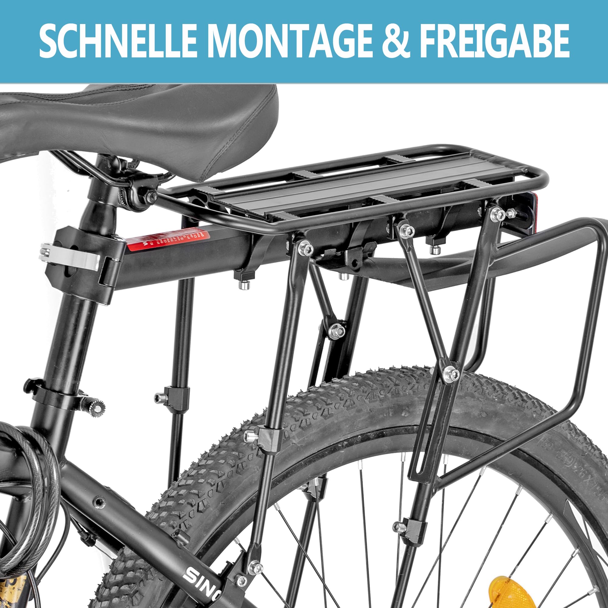 Fahrrad Gepäckträger Set [24-29 Zoll ]- 100KG Tragfähigkeit Fahrrad Gepäckträger Hinten mit Schutzblech und großem Reflektor, Schnellverschluss Fahrradträger für Mountainbike & Rennrad
