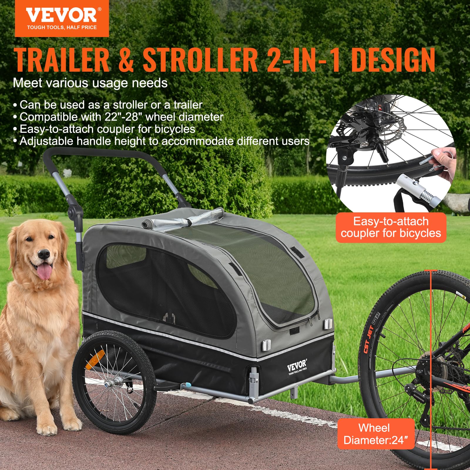 VEVOR Remolque Plegable para Bicicleta para Perros Carga de 450kg Cochecito para Mascotas 2 en 1, Marco Fácil de Plegar con Ruedas de Liberación Rápida, Acoplador Universal para Bicicleta, Reflectores