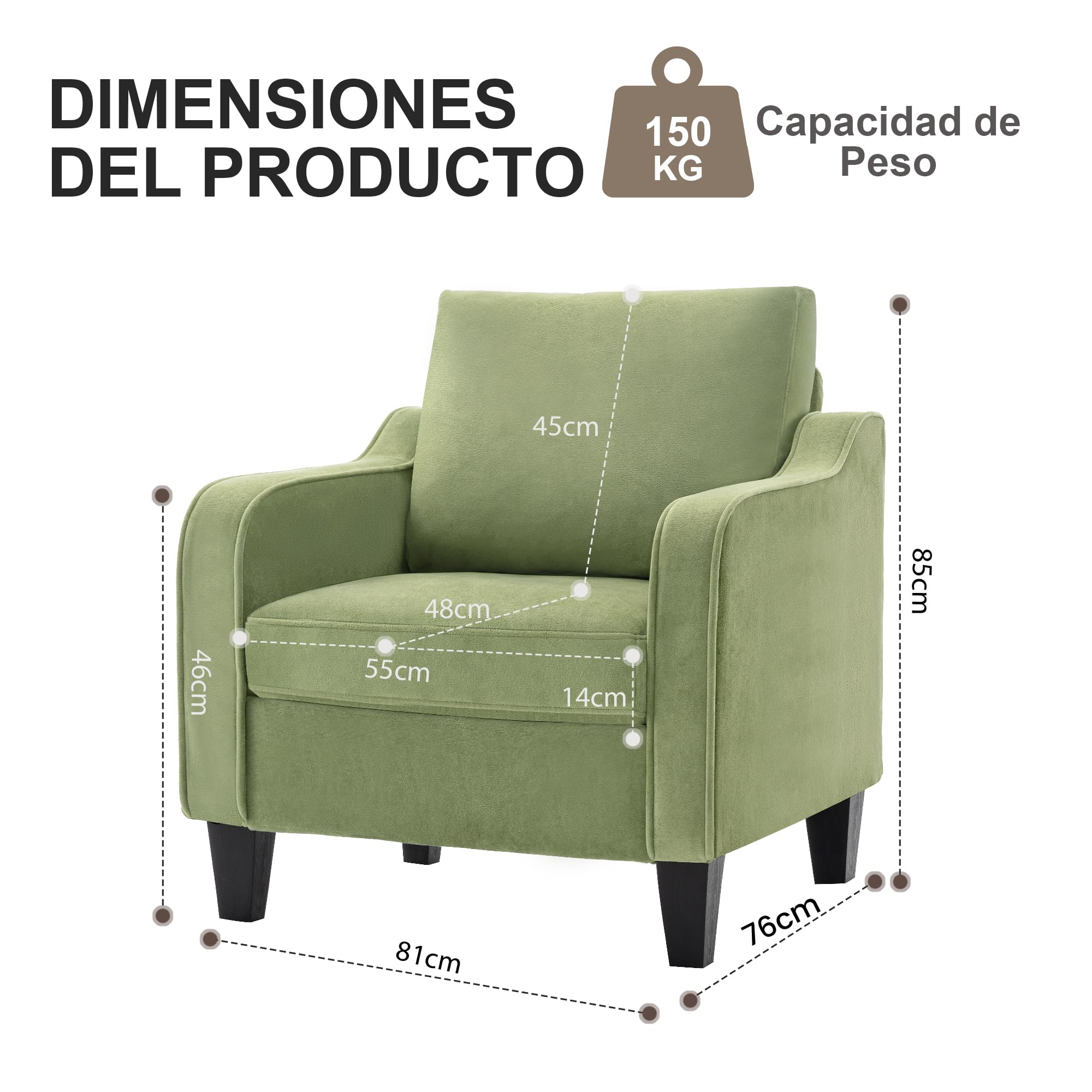 Sillón de Acento Estilo Mid Century Moderno, Cojín Grueso de Tela de Lino, Silla Sofá Individual Cómoda para Salón, Dormitorio, Apartamento, Oficina (Espacios Pequeños)，Verde