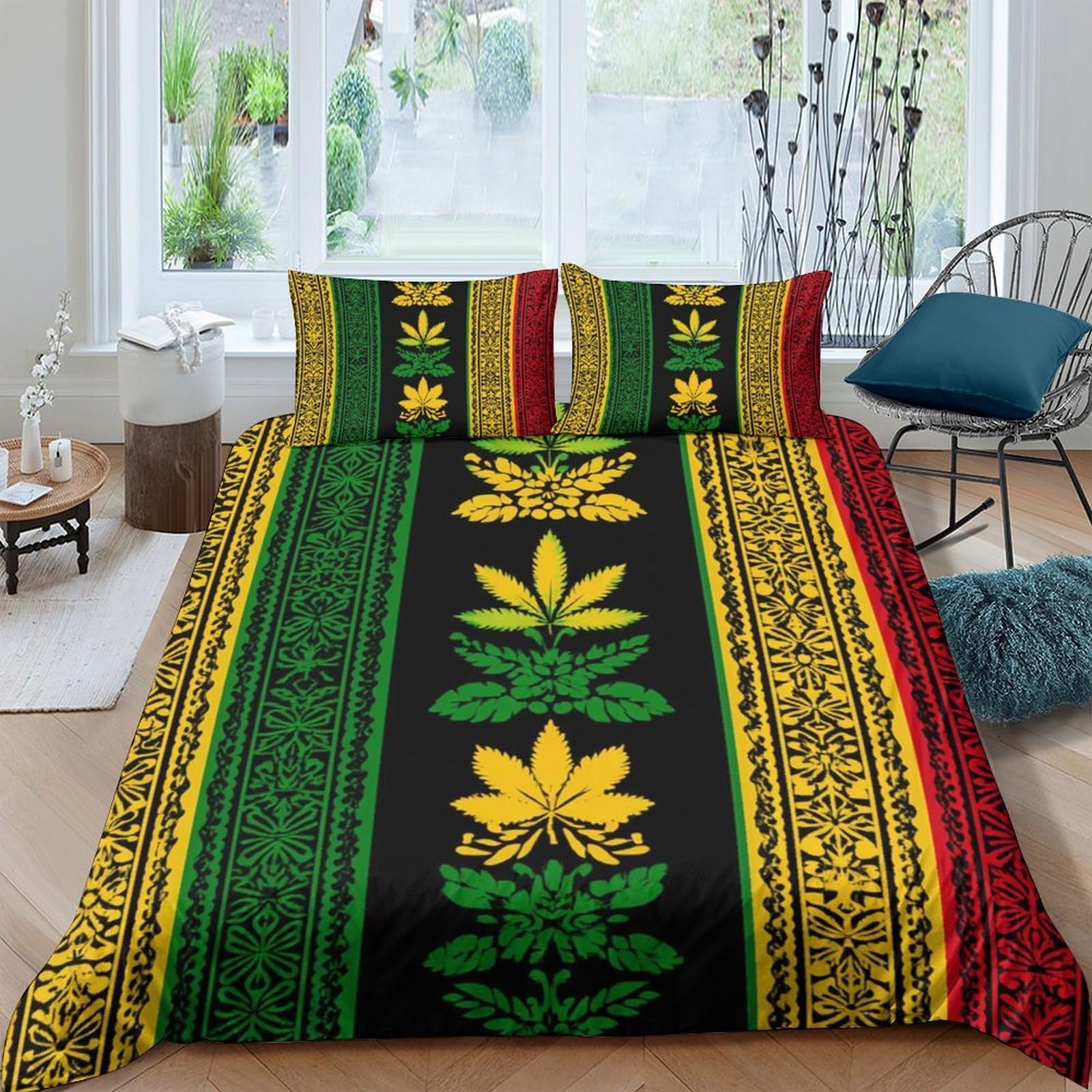 Ctjqhvkz Style-1 3D Printed Rasta Leaf Stripe Fitted Sheet Microfiber Soft Red Green Yellow Ethnic Bed Cover For Bedroom Dorm Mattress Decor Single（135X200cm）