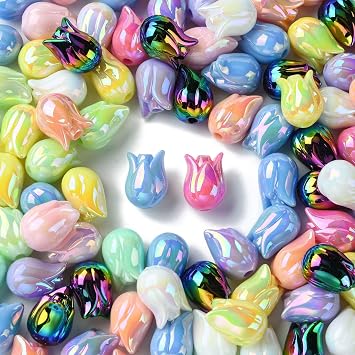 100 pcs Iridescent Tulip Flower Theme Acrylic Beads UV Plated Spring Floral Spacer Beads for DIY Jewelry Necklace Bracelet Earring Keychain Making Craft Decor