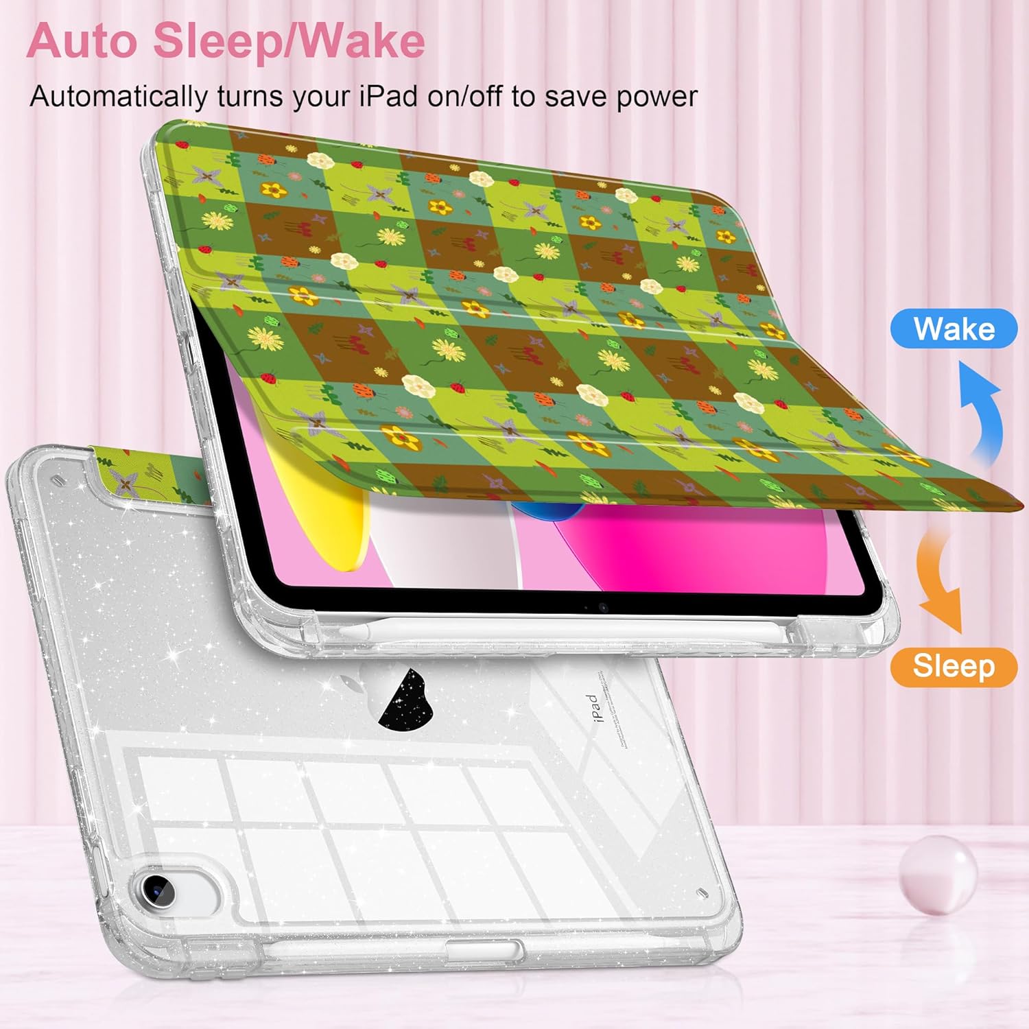 MEEgoodo Case for iPad A16 11th Generation 2025/10th Generation 2022, Glitter Tablet Cases with Transparent Acrylic Back+Trifold Stand +Pencil Holder+Auto Wake/Sleep,Green Checkered & Nature Pattern