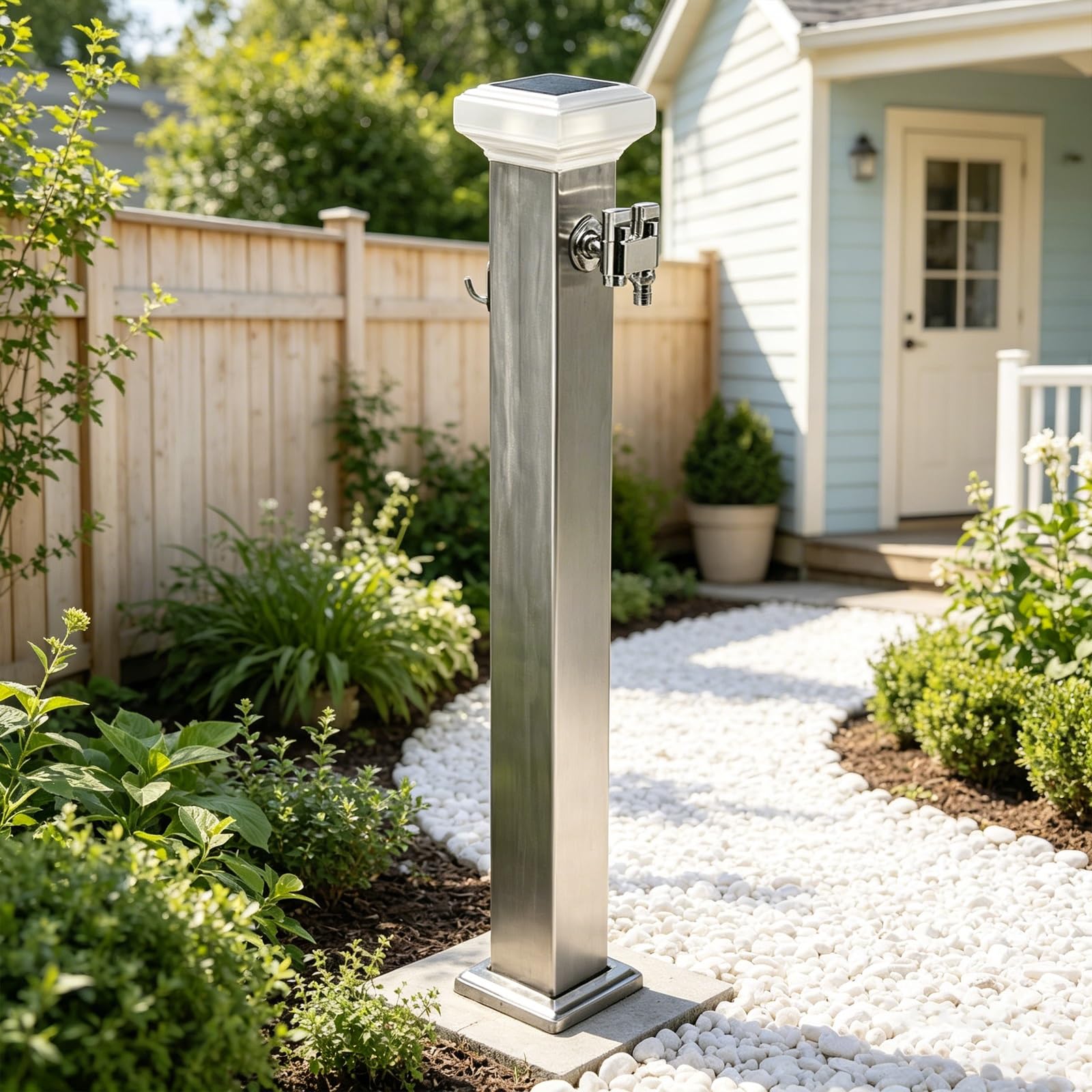Grifo Exterior con Lámpara Solar, Grifo Exterior Independiente de Acero Inoxidable 304, para Jardín, Terraza, Césped, Lavado de Mascotas(Grey,60cm/23.6in)