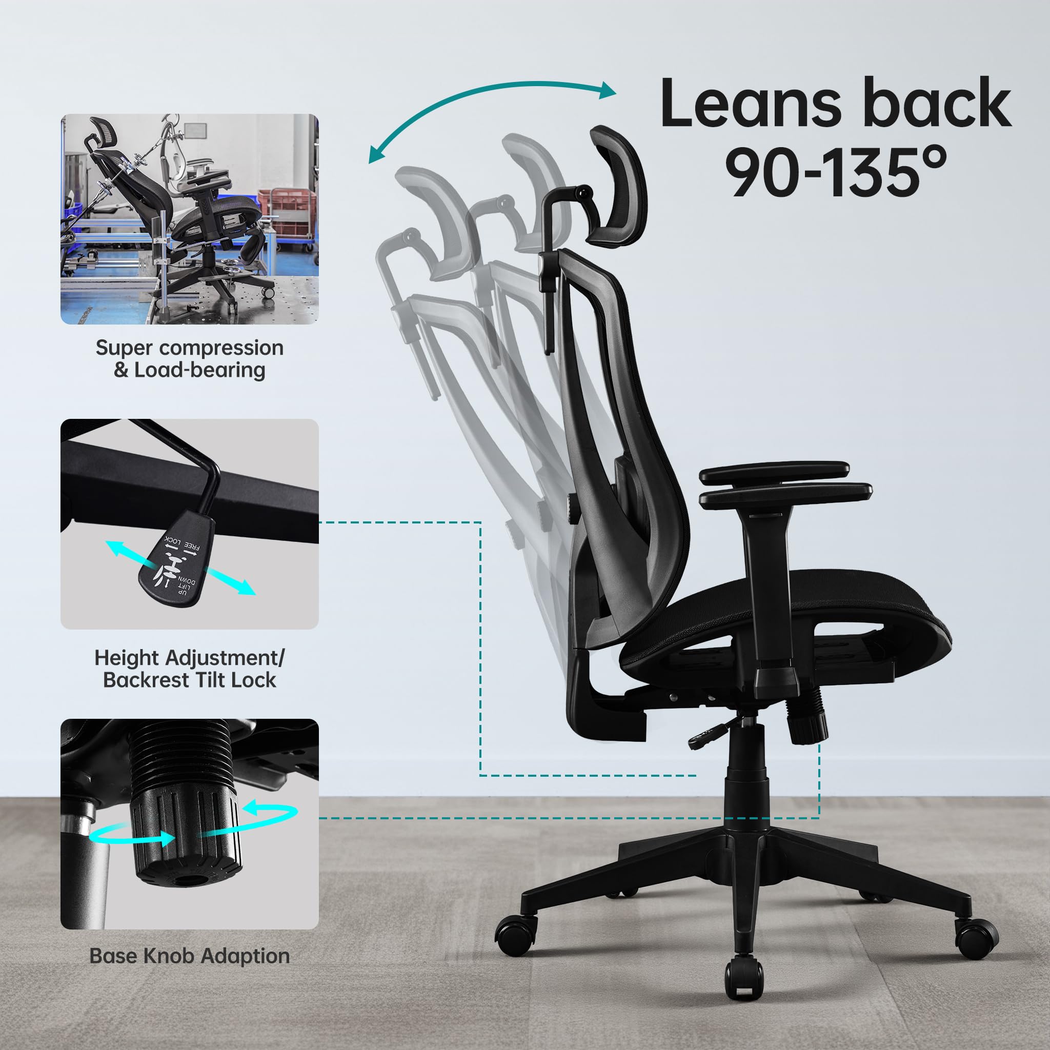 STOOLINK Sedia Ufficio Ergonomica con Supporto Lombare 3D e Braccioli 3D Regolabili, Sedia Scrivania Computer Girevole con Ruote in Rete di Carbonio con Poggiatesta Regolabile per Ufficio e Casa
