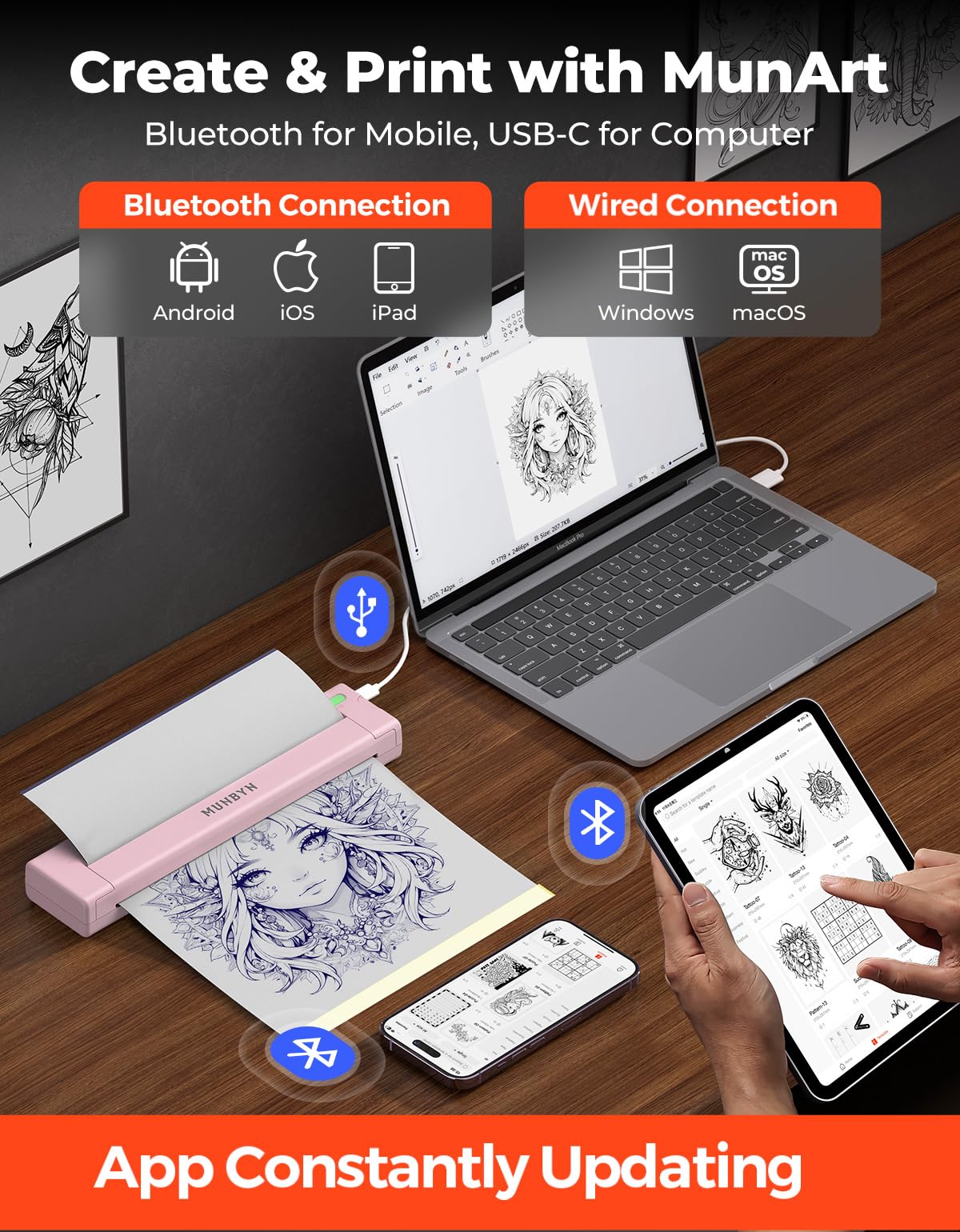 MUNBYN Termocopiadora Tattoo Bluetooth, Impresora Termica Tatuajes para DIY, Compatible con Smartphone y PC, Incluye 10 Hojas de Papel de Transferencia, ITP05S Rosa