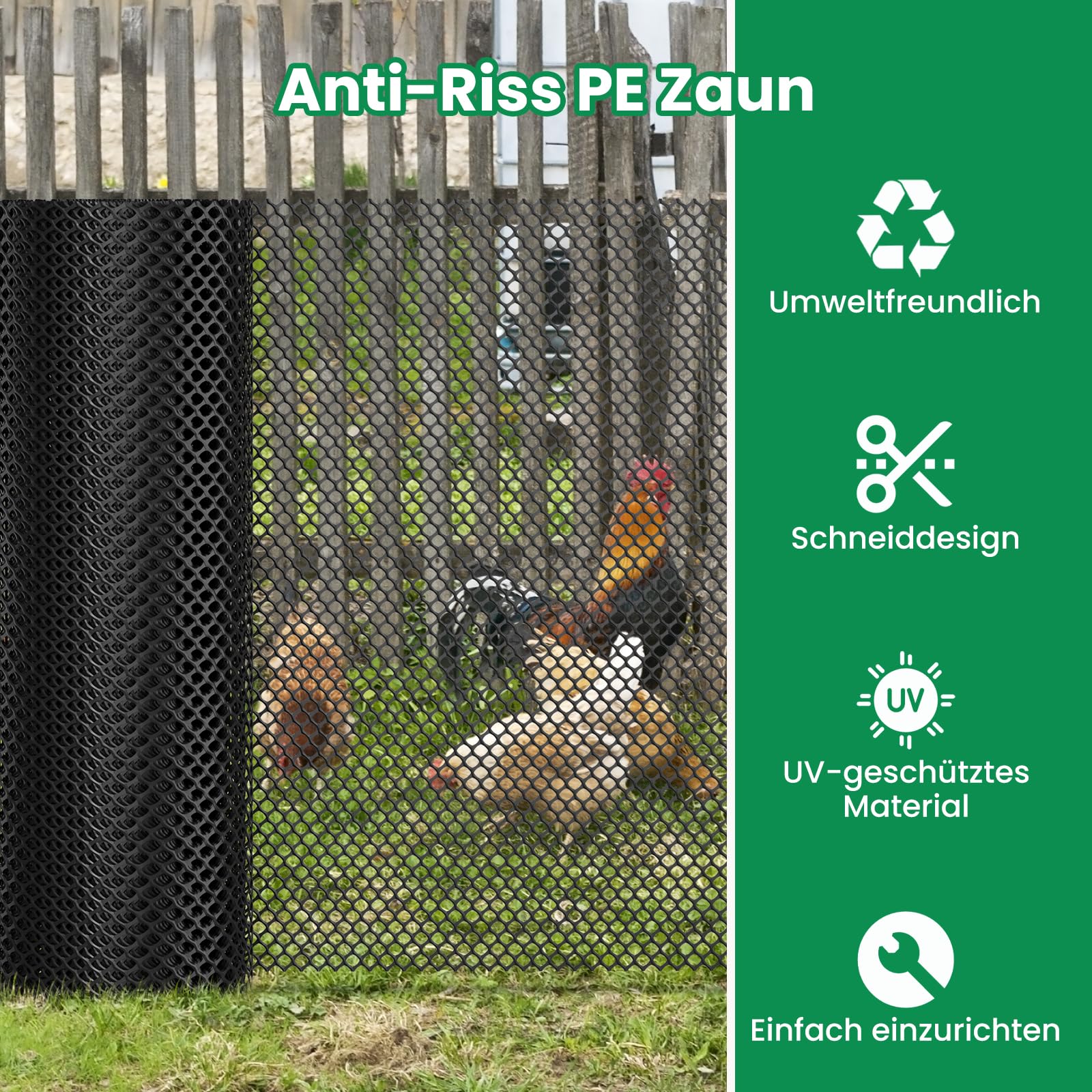 SUNYRISY Hühnerzaun Gartenzaun 100cm hoch, 25m lang Mobiler Hundezaun Weidezaun Steckzaun Geflügelnetz Begrenzungszaun Maschendrahtzaun Schafzaun, 15 x Pfosten, Schwarz Diamond