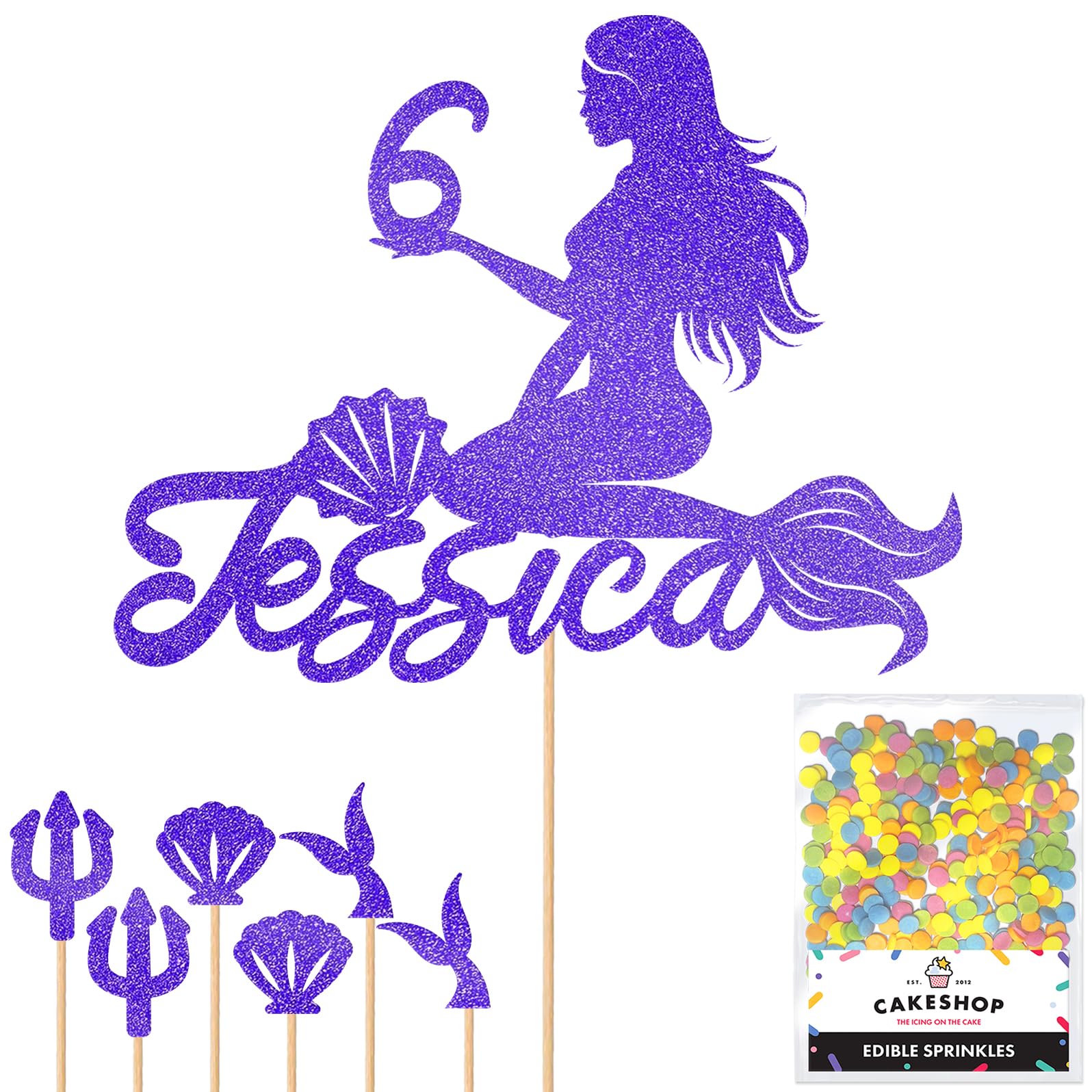 Personalised Birthday Mermaid Glitter Cake Topper- Bright Blue Any Custom Age & Name Glitter Cake Decoration and Sprinkles - Happy Birthday Decorations - Personalised Toppers for Cakes by Cakeshop โ image 1
