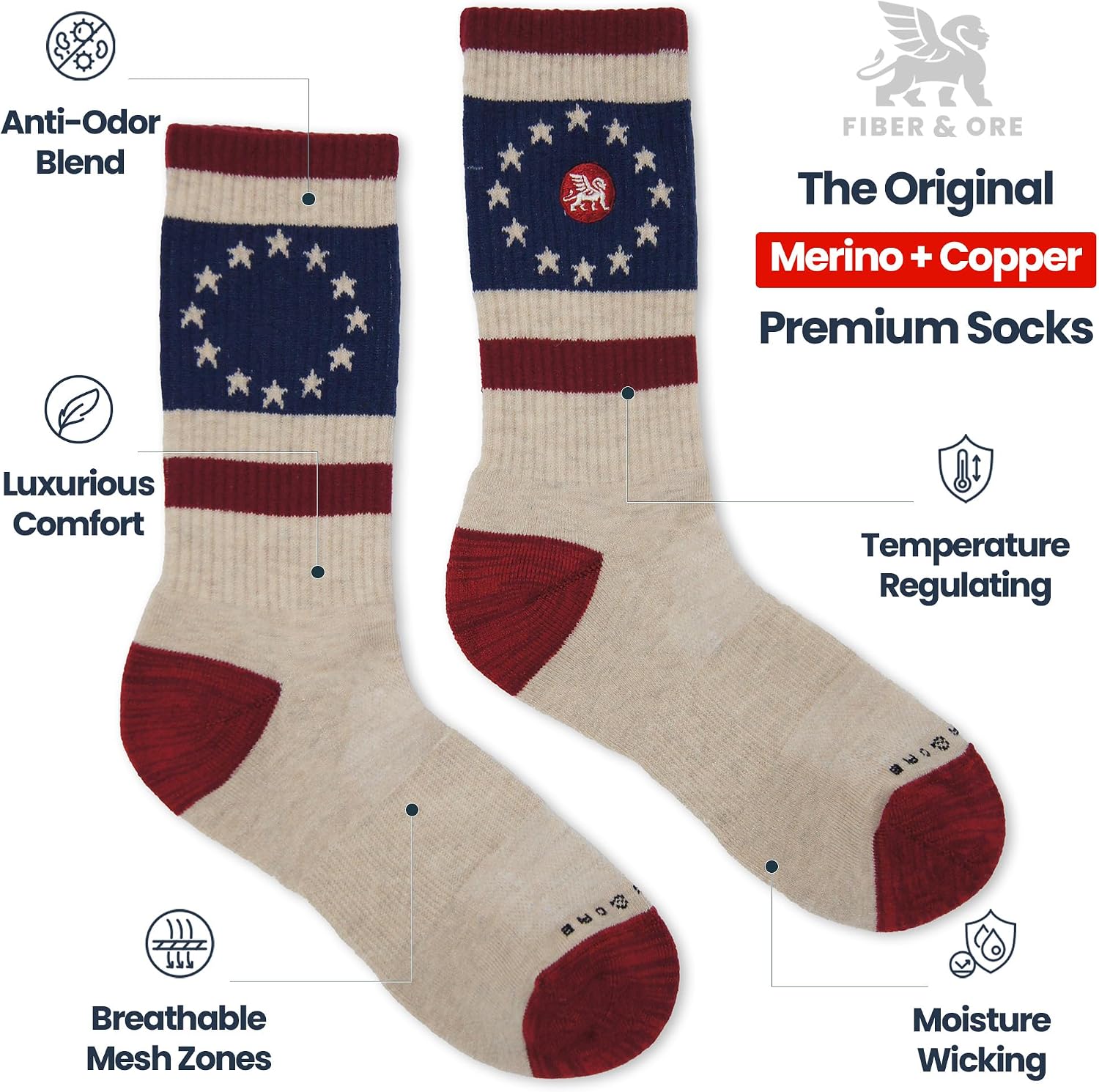 Fiber & Ore Copper Socks: Anti-Odor Merino Wool Hiking Socks for Men - Mens Boot Socks w/Feet Sweat Control - American Flag