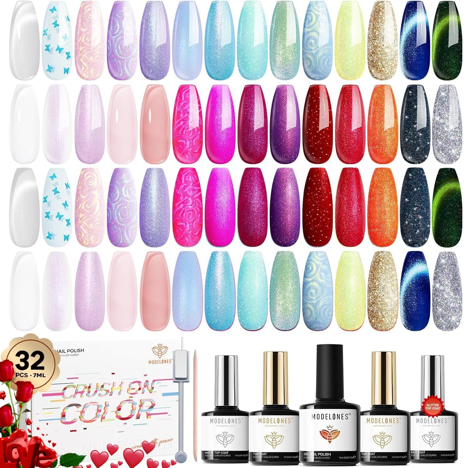 Modelones Smalto Semipermanente Unghie 32PCS, Kit Semipermanente Unghie 28 Colori con Base e 3 Opaco&Glitter&Lucidi Top Coat Semipermanente Smalti per Unghie in Gel Gelatina Bianco Rosa