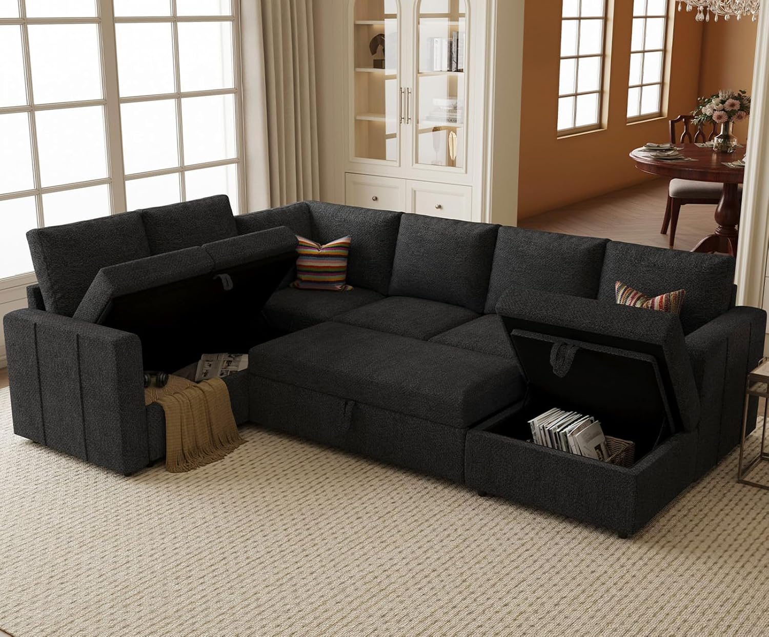 Belffin Modular Sectional Sleeper Sofa with Pull Out Couch, U Shaped Sleeper Pull Out Bed, Convertible Sectional Couches for Living Room, Dark Grey