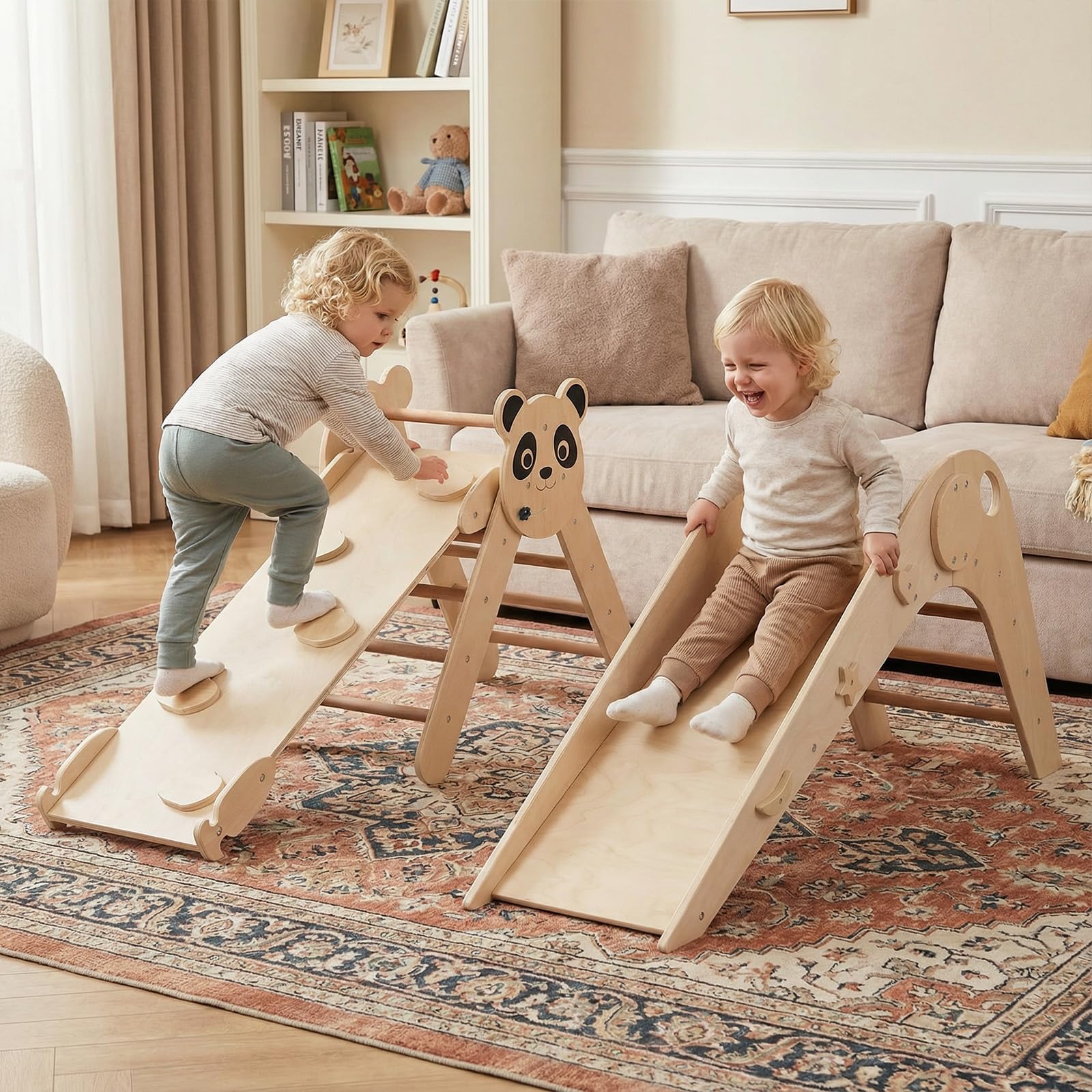 COSTWAY Set da Arrampicata per Bambini, Set Montessori Pieghevoli in Legno, Parco Giochi per Bambini con Scivolo, Rampe, Scala e Blocchi, 3 Anni + (Naturale)
