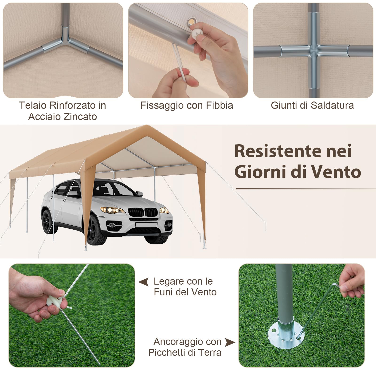 COSTWAY Gazebo Tenda per Posto Auto da Esterno, Tendone Garage per Auto, Carport Tenda Impermeabile in Metallo, 301 x 600 x 285 cm