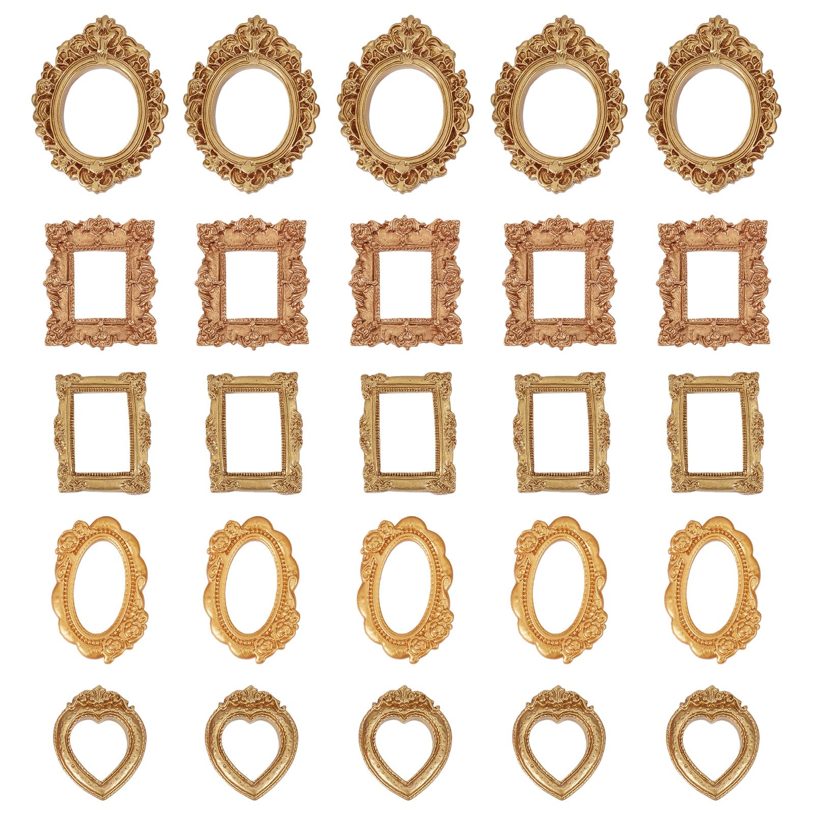 NICENEEDED 25 PCS Mini Resin Picture Frame, Vintage Gold Heart Oval Rectangle Photo Frame, Antique Photo Frame for Home Wall Jewelry Display Hotel Decor