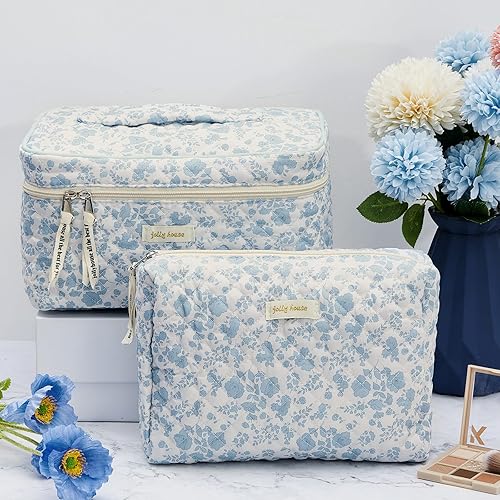 Miniatura 5 de Silkfly Juego de 4 bolsas de cosméticos acolchadas de algodón, bolsa portátil para cosméticos, bolsa de cosméticos de viaje vintage, pequeñas bolsas