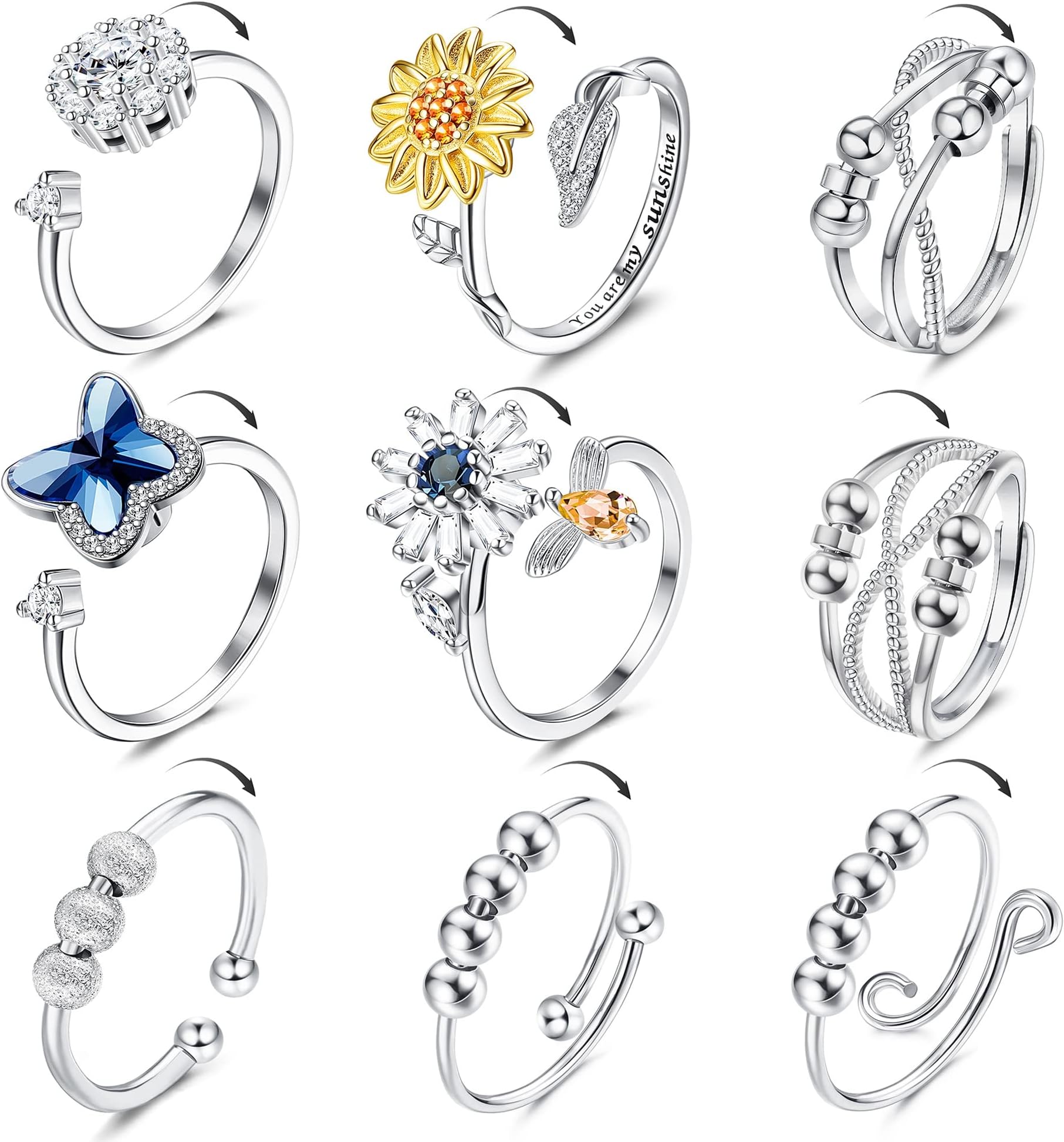 sailimue 9Pcs Fidget Anxiety Rings for Women Men Spinner Fidget Rings for Anxiety Adjustable Cubic Zirconia Flower Butterfly Infinity Sunflower Fidget Bead Ring Stress Relief Spinning Rings Set