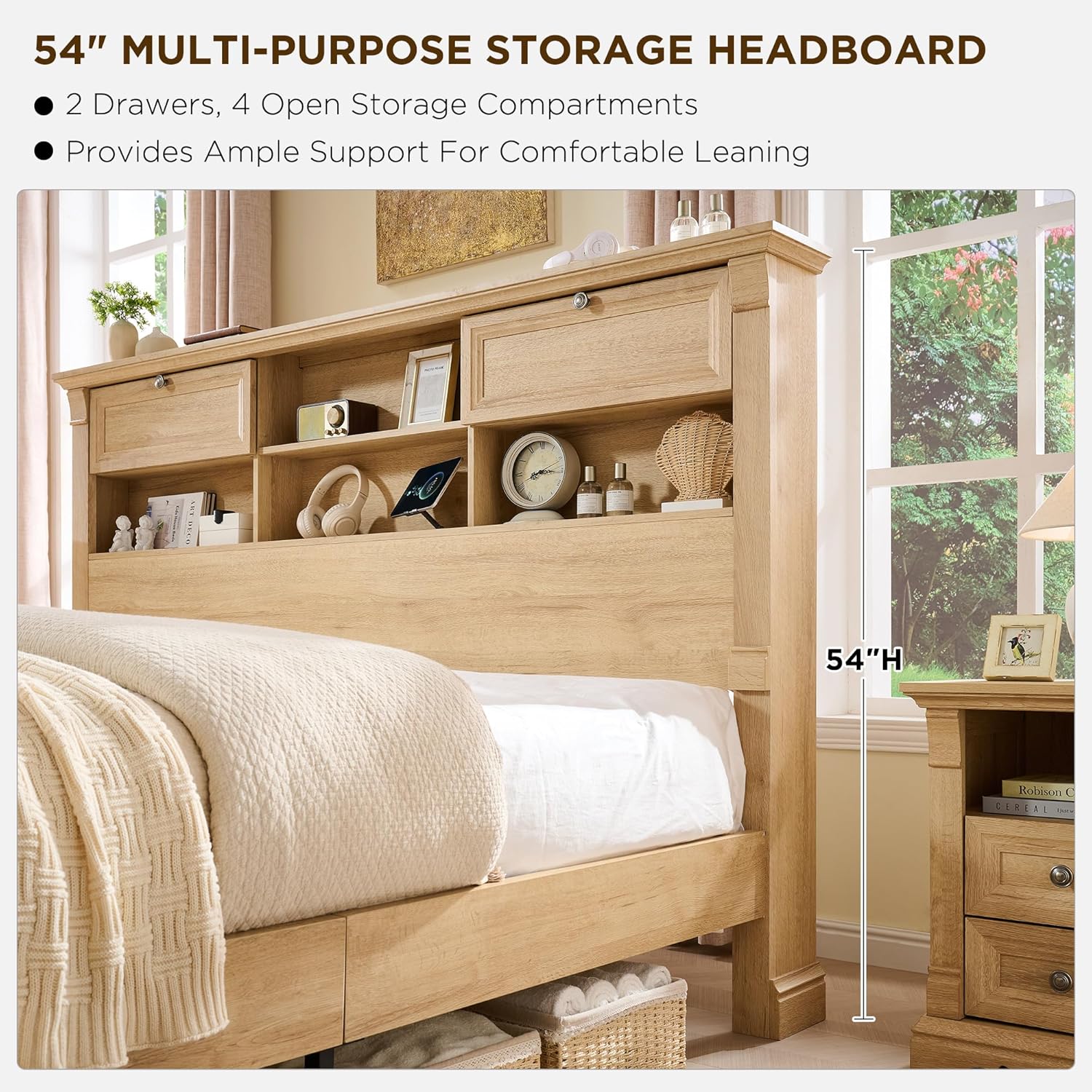 T4TREAM Farmhouse King Size Bed Frame with 54" Tall Storage Bookcase Headboard, Wood Platform Bed Frame with 2 Drawers & 18" Tall Roman Column Decoration Footboard, No Box Spring Needed(Oak)