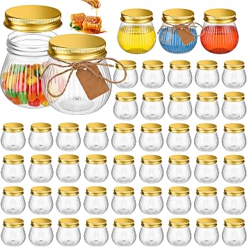 Yungyan 50 Pcs 4 oz Small Jars with Lids, Clear Mini Mason Jars Plastic Containers with Lids and Tags Mini Jelly Containers for Herb Jelly Wedding Favors Shower Party FavorsGold Cap