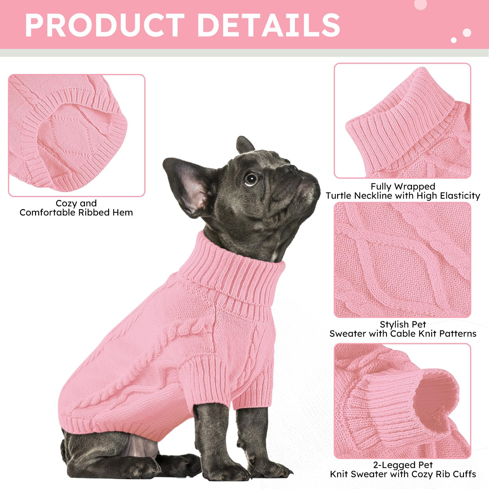Queenmore Maglione Cane Taglia Grande Maglioncino Cane Bassotto Caldo Felpa Cane A Collo Alto Ritorto Vestiti Per Cani Gatti Maglione Elastico Per Bulldog Francese Barboncino Chihuahua, Rosa, L